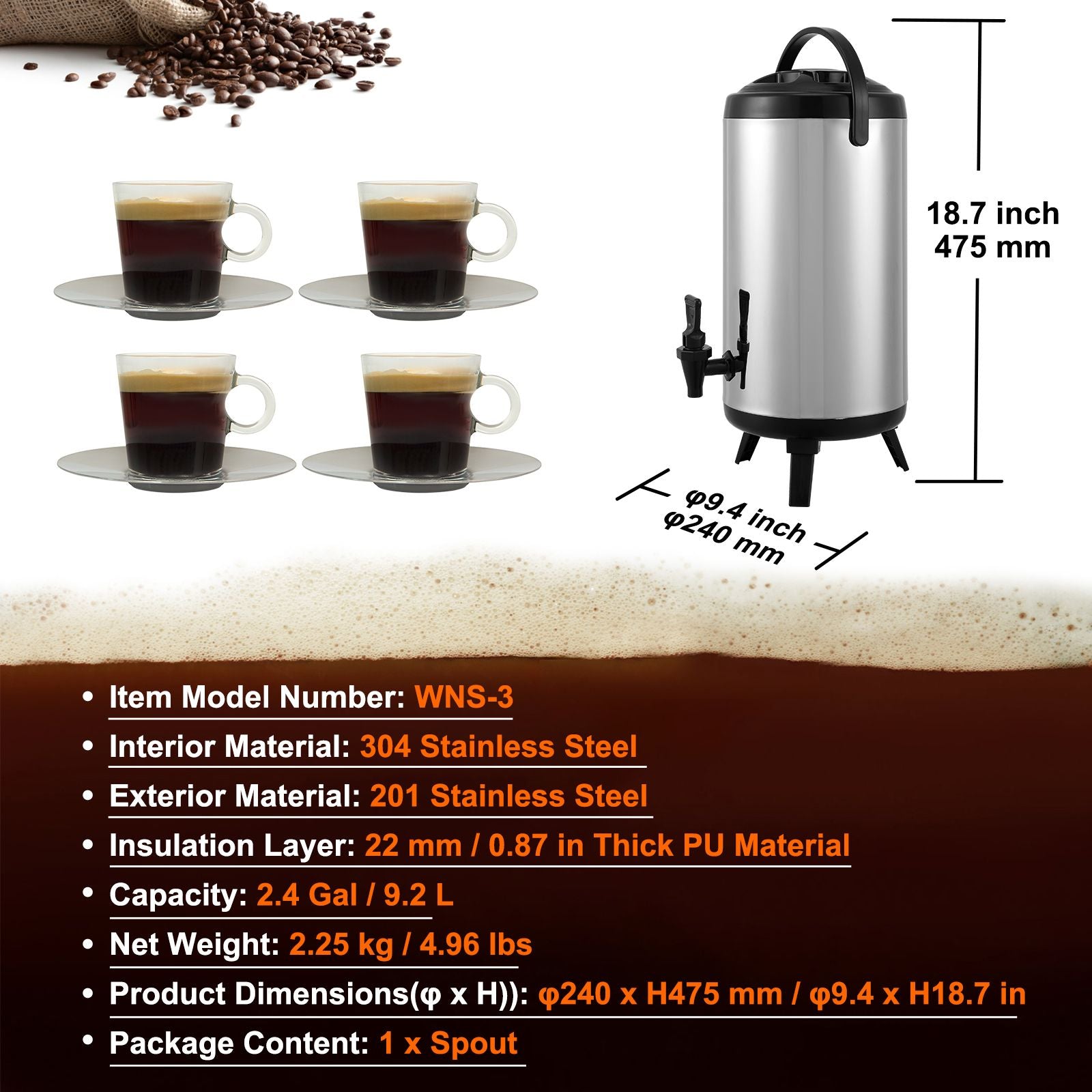 Stainless Steel Insulated Beverage Dispenser, 9.2 Liter, Thermal Hot and Cold Drink Server Dispenser with Spigot Handle, Food-grade for Hot Tea Coffee Water Restaurant Drink Shop