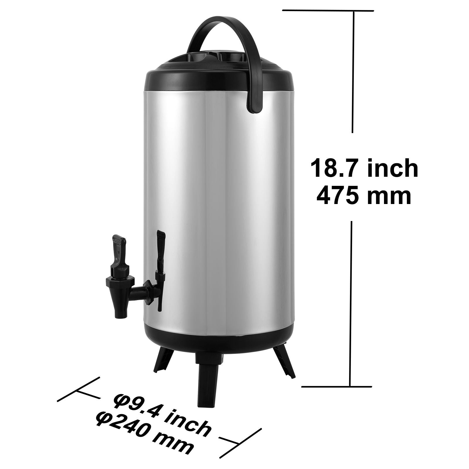 Stainless Steel Insulated Beverage Dispenser, 9.2 Liter, Thermal Hot and Cold Drink Server Dispenser with Spigot Handle, Food-grade for Hot Tea Coffee Water Restaurant Drink Shop