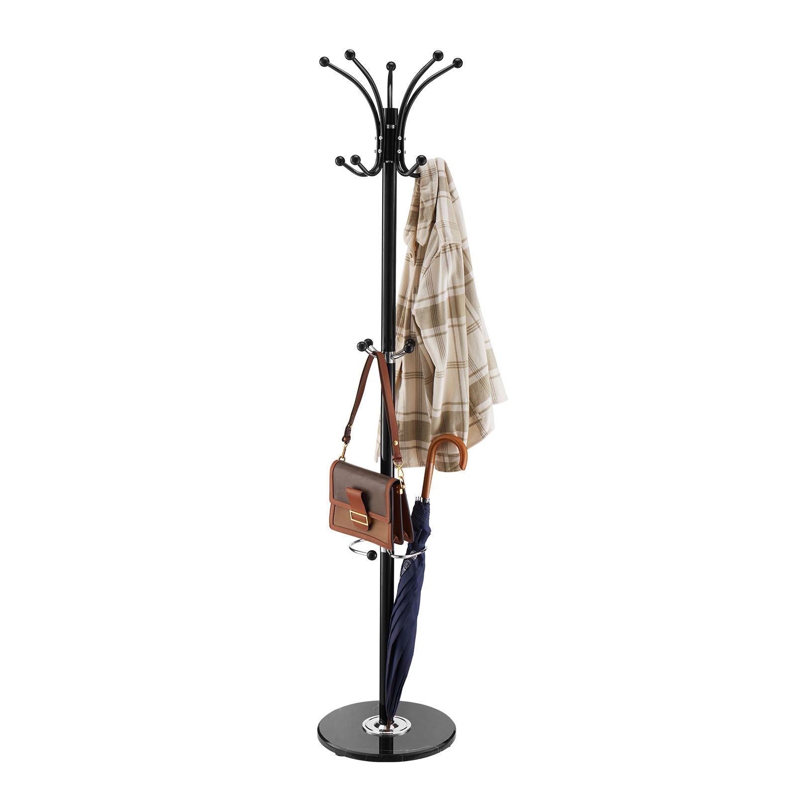 Freestanding Coat Rack with 14 Hooks Umbrella Holder Marble Base Metal Stand