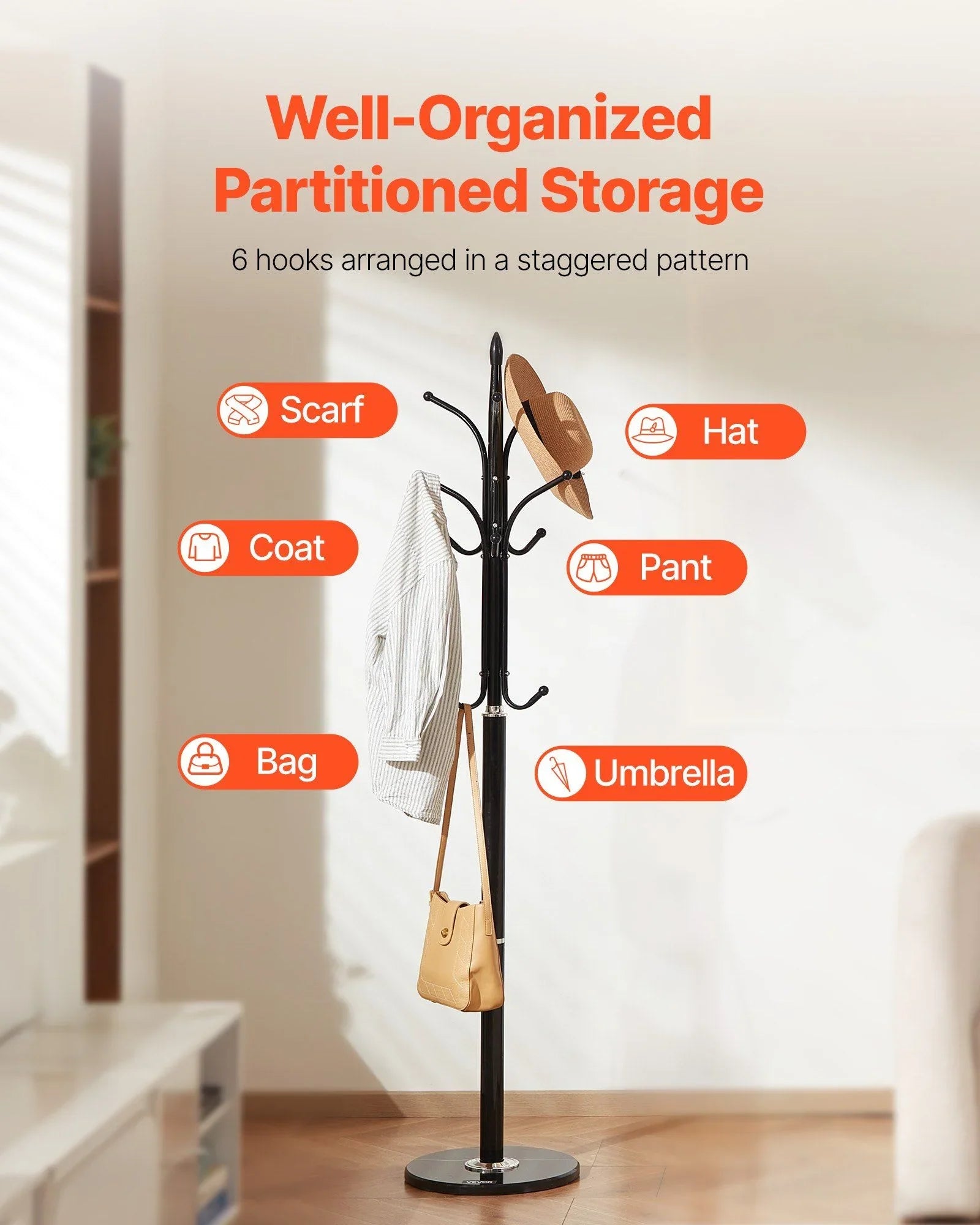 Coat Rack Freestanding, Coats Tree Stand with Stable Marble Base & 6 Hooks, Free Standing Hall Coat Rack for Entryway, Bedroom, Office, Living Room, Modern Clothes Hanger for Coats, Hats, Bags