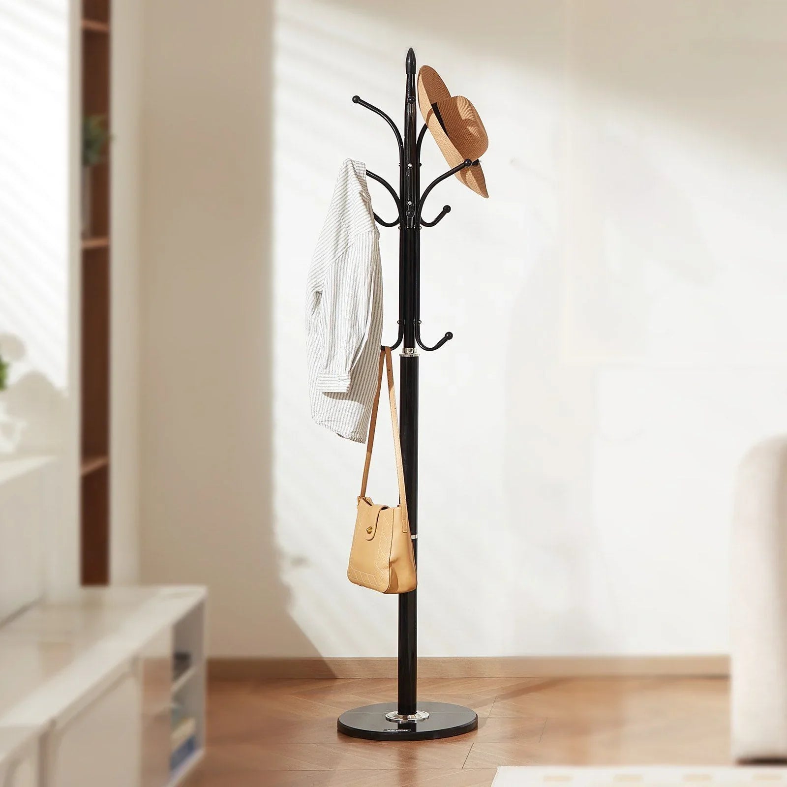 Coat Rack Freestanding, Coats Tree Stand with Stable Marble Base & 6 Hooks, Free Standing Hall Coat Rack for Entryway, Bedroom, Office, Living Room, Modern Clothes Hanger for Coats, Hats, Bags