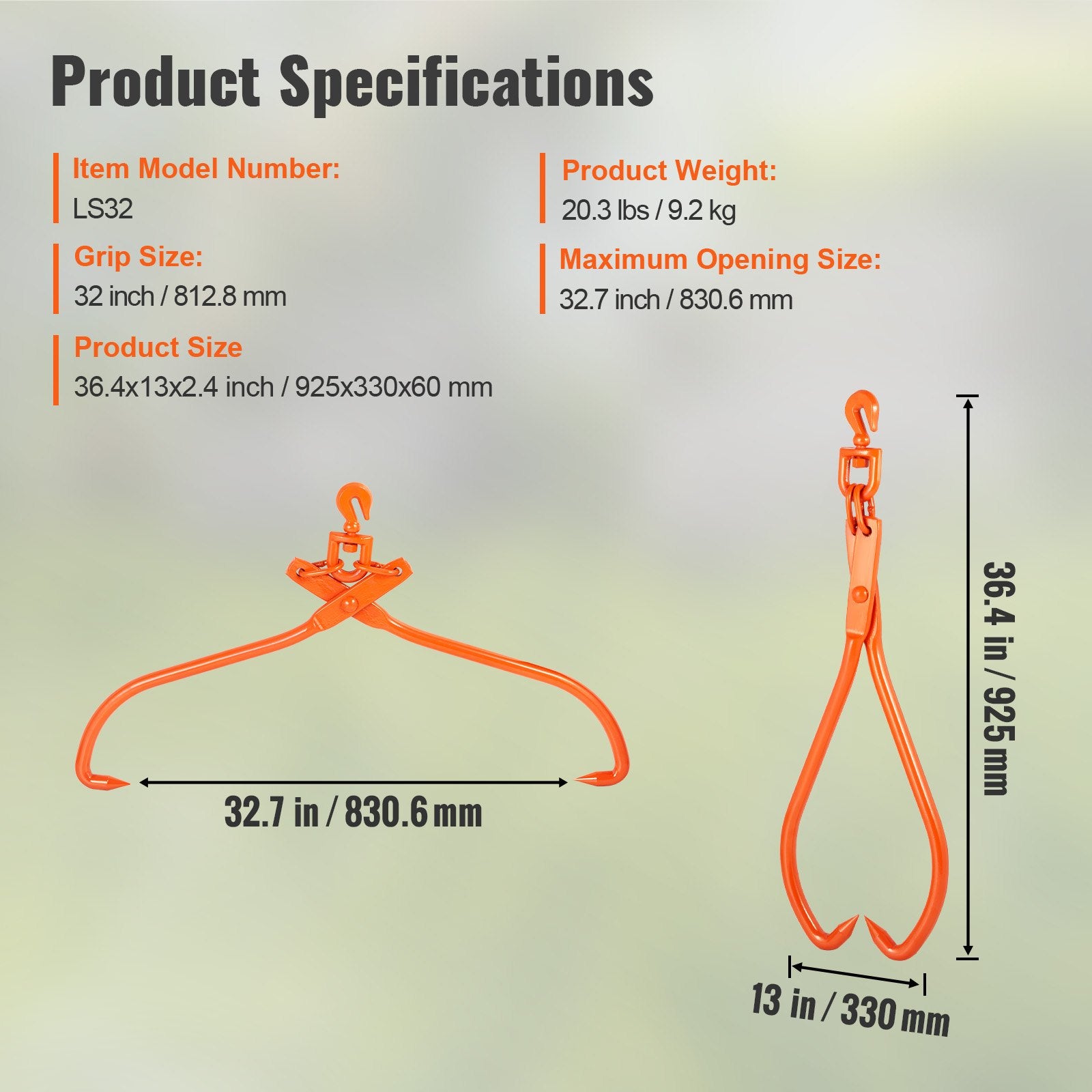 Log Skidding Tongs, 81.3cm 2 Claw Log Lifting Tongs, Heavy Duty Rotating Steel Lumber Skidding Tongs, 700 kg Loading Capacity, Log Lifting, Handling, Dragging & Carrying Tool