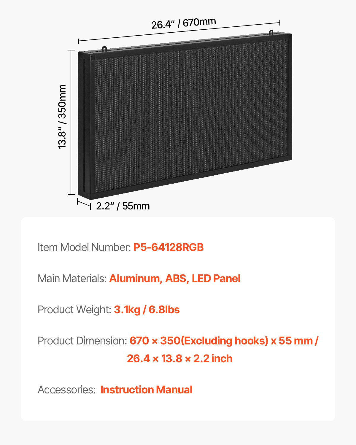 27x14in Programmable LED Sign Digital Scrolling Display Board P5 Fullcolor