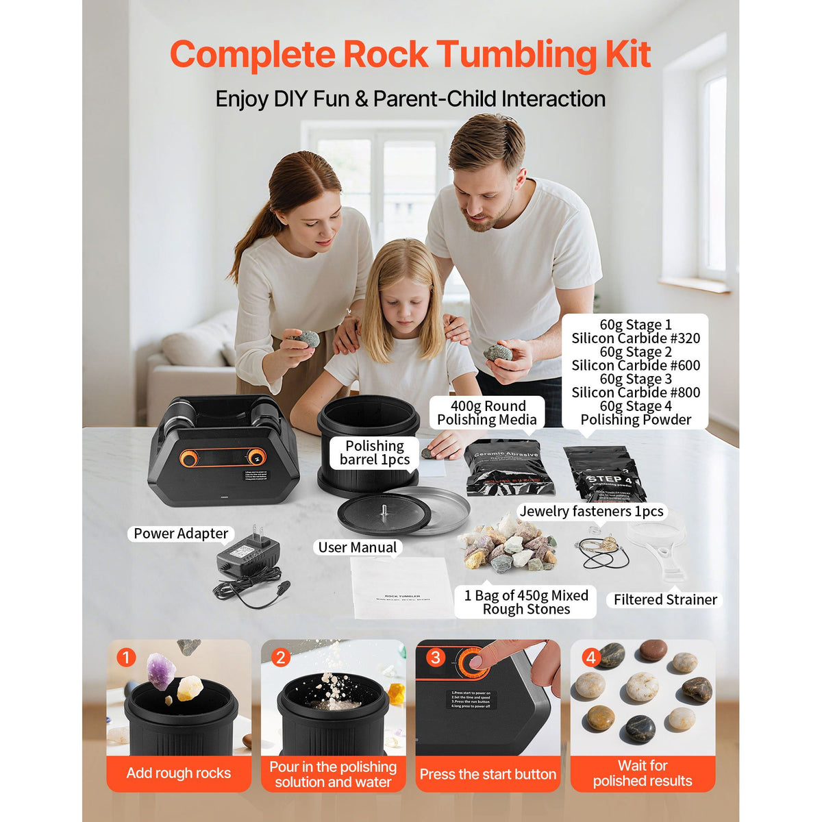 3LB Rock Tumbler Kit 4 Speed Stone Polisher with Timer & Gemstones