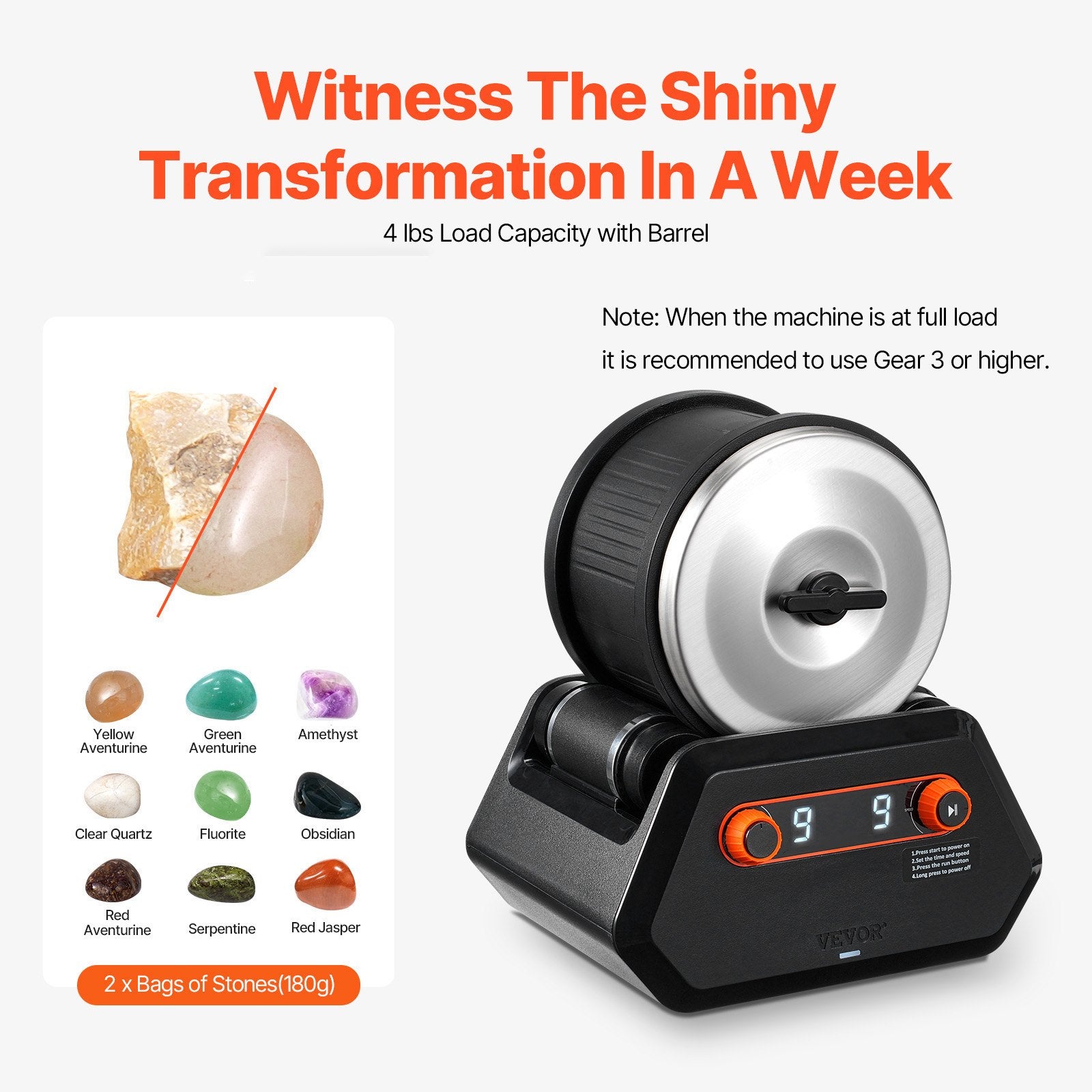 Rock Tumbler Kit, 4 lbs Rock Polishing Kit, 9 Speed Settings 9-Day Polishing Timer Stone Polishing Kit, Rock Polisher with Rough Gemstones and Polishing Grits, Rock Polisher for Kids Adults