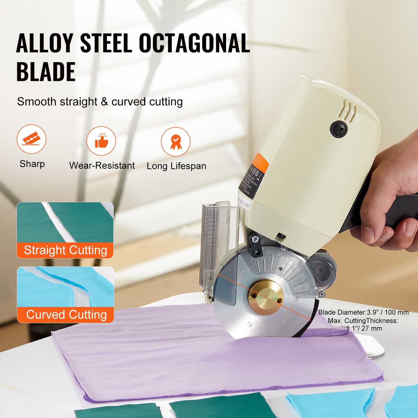 250W Electric Fabric Cutter Machine 100mm Rotary Blade 27mm Cutting Depth