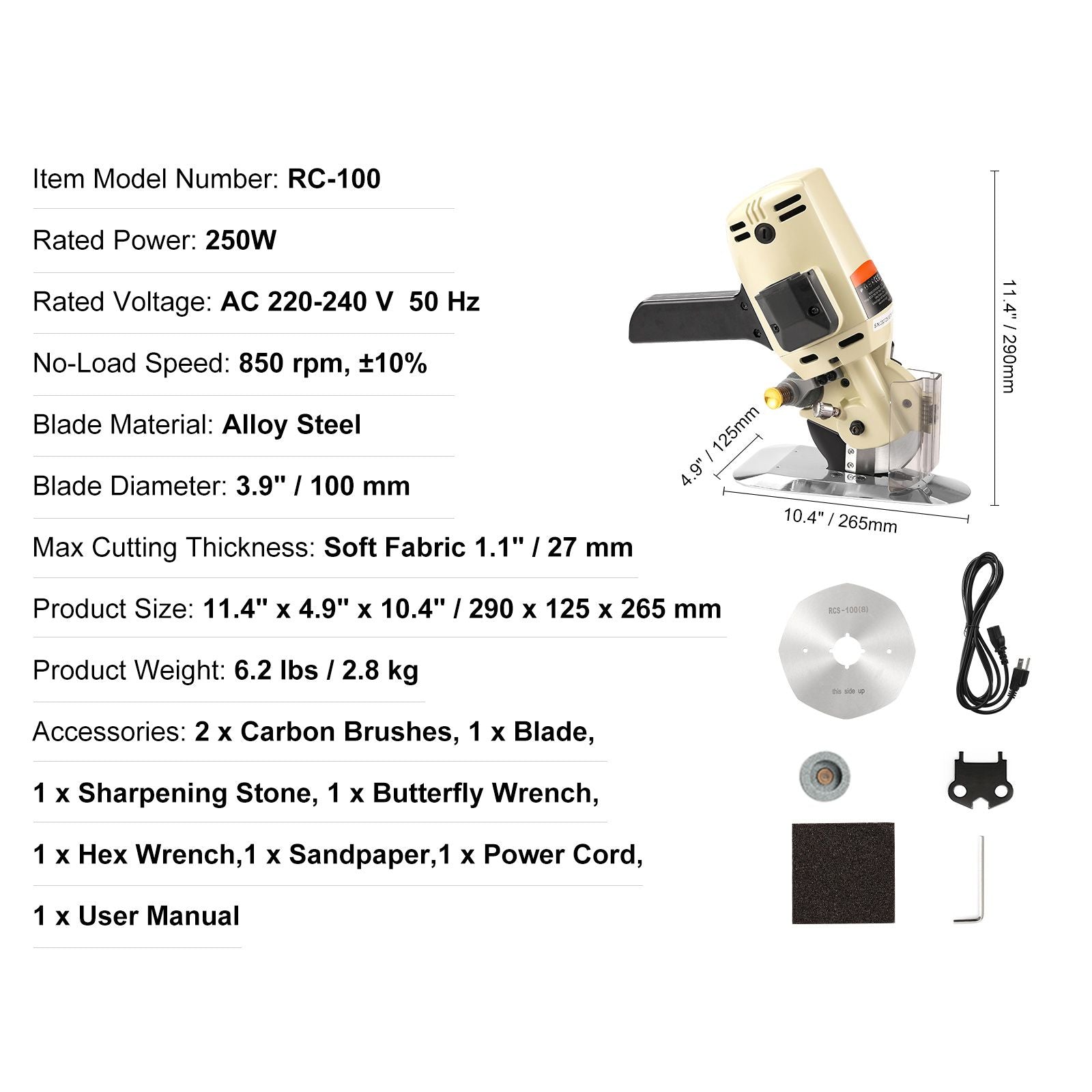 250W Electric Fabric Cutter Machine 100mm Rotary Blade 27mm Cutting Depth