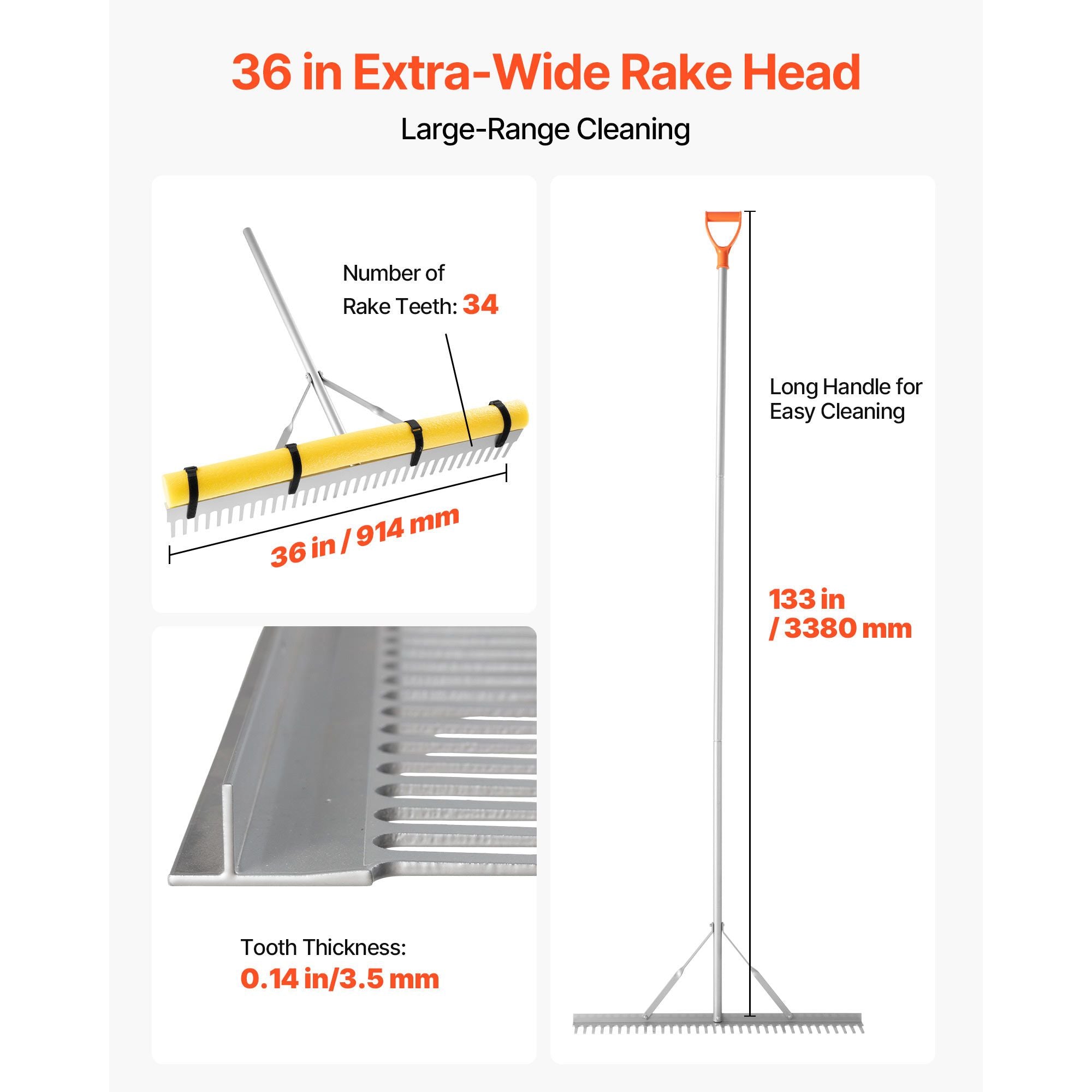 Heavy Duty Landscape Rake 914mm Aluminum Head Garden Leaf Rake Tool