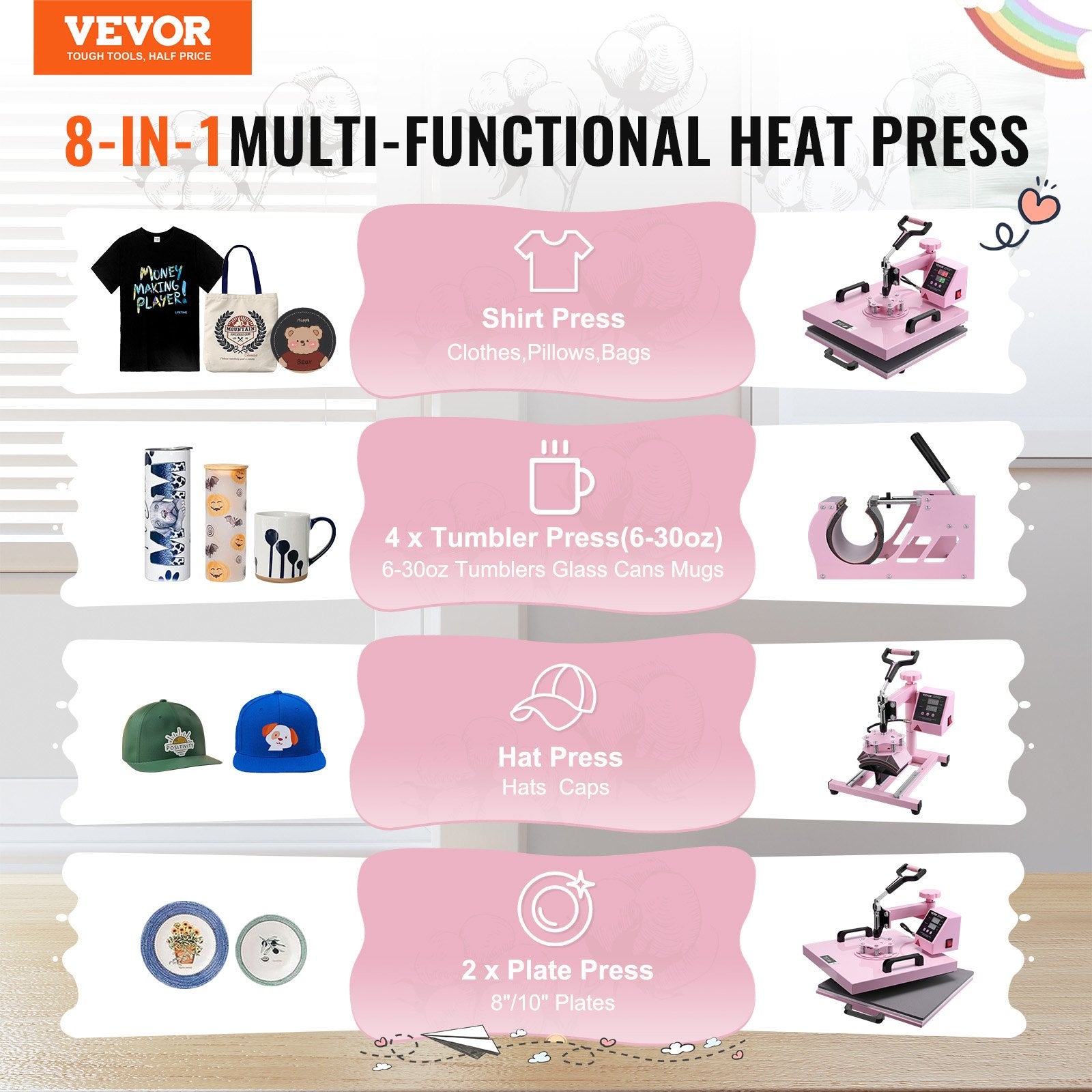 Heat Press Machine, 15 x 15 inch, 5 in 1 Heat Transfer Machine with 30 oz Tumbler Press, 360° Swing Away T-Shirt Pressing, Digital Precise Control, for T-Shirts/Mugs/Hats/Plates, Pink