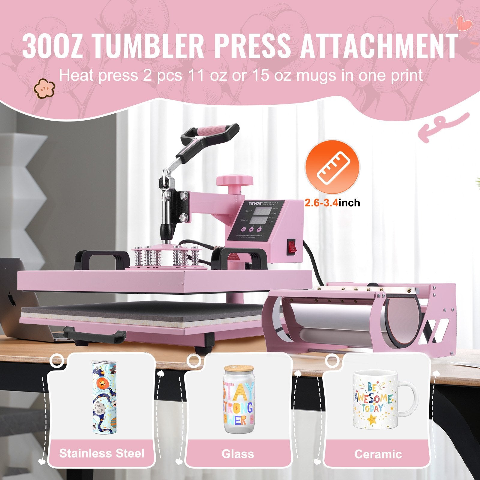 Heat Press Machine, 15 x 15 inch, 5 in 1 Heat Transfer Machine with 30 oz Tumbler Press, 360° Swing Away T-Shirt Pressing, Digital Precise Control, for T-Shirts/Mugs/Hats/Plates, Pink