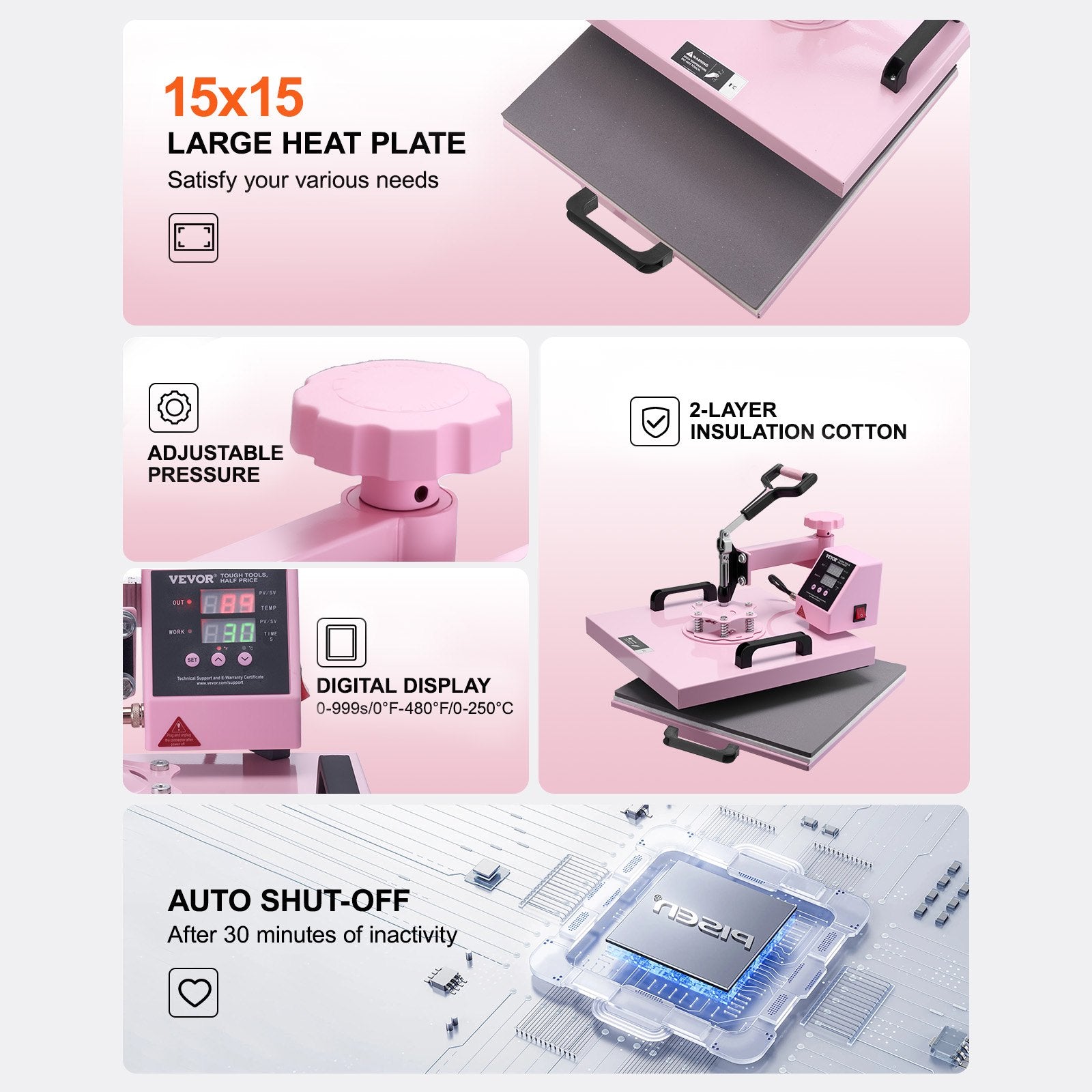 Heat Press Machine, 15 x 15 inch, 5 in 1 Heat Transfer Machine with 30 oz Tumbler Press, 360° Swing Away T-Shirt Pressing, Digital Precise Control, for T-Shirts/Mugs/Hats/Plates, Pink