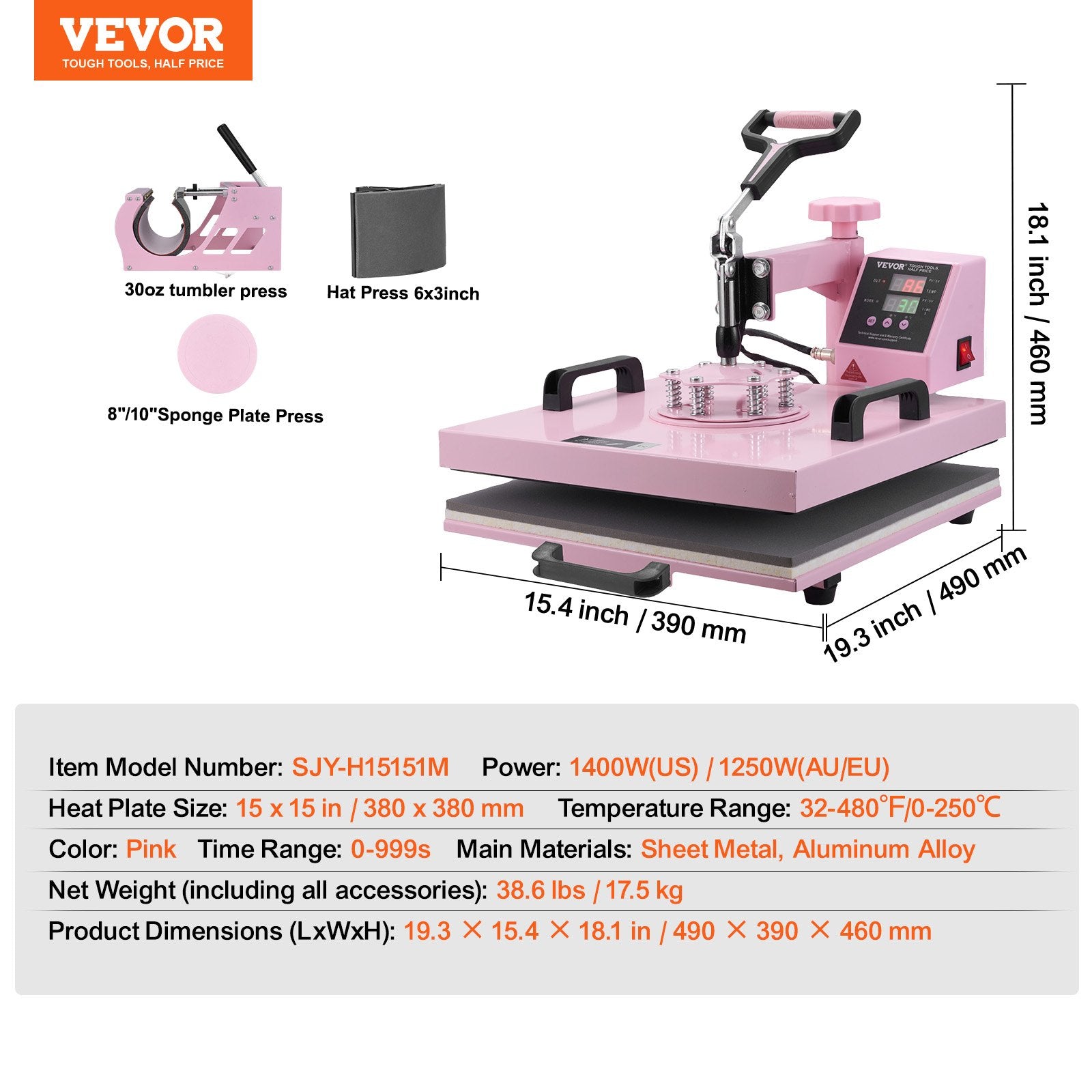 Heat Press Machine, 15 x 15 inch, 5 in 1 Heat Transfer Machine with 30 oz Tumbler Press, 360° Swing Away T-Shirt Pressing, Digital Precise Control, for T-Shirts/Mugs/Hats/Plates, Pink