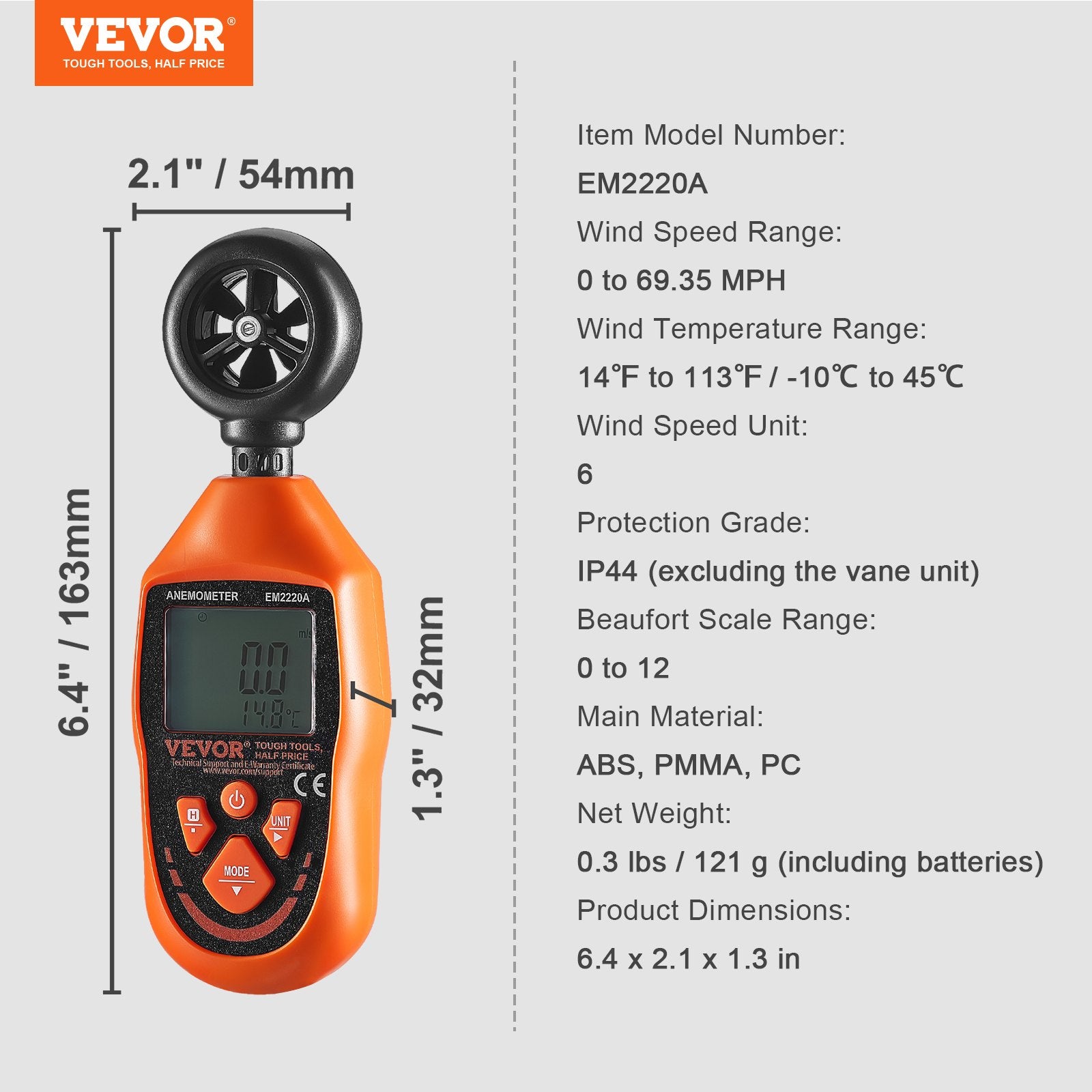 Handheld Anemometer, -10℃ to 45℃, Digital Wind Speed Meter Gauge with LED Backlight Screen, Measures Wind Velocity Wind Temperature Air Flow Wind Chill, for Sailing Surfing Drone Flying HVAC