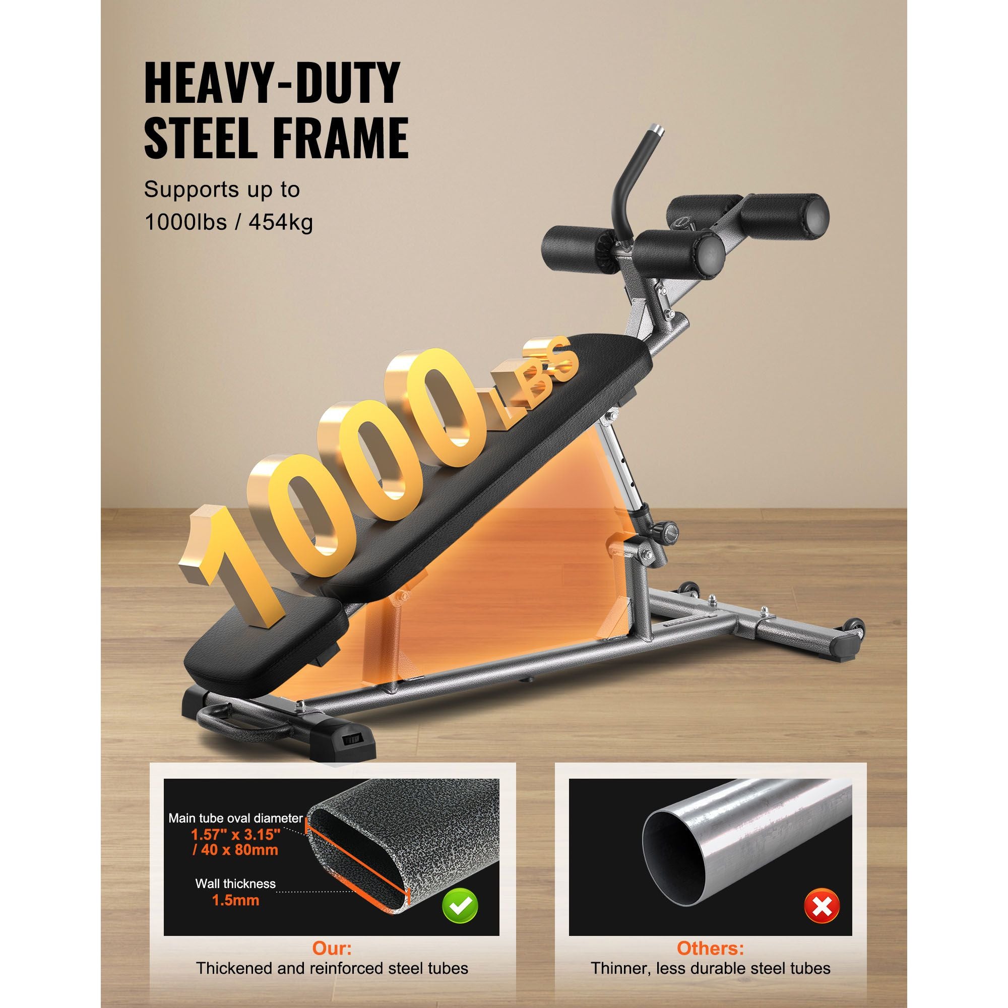 Sit Up Bench, Decline Ab Bench with Reverse Crunch Handle, with 4 Adjustable Height Settings, Heavy Duty Steel, 454 kg Capacity, for Home Gym Workouts, Strength Training, Full Body Muscles