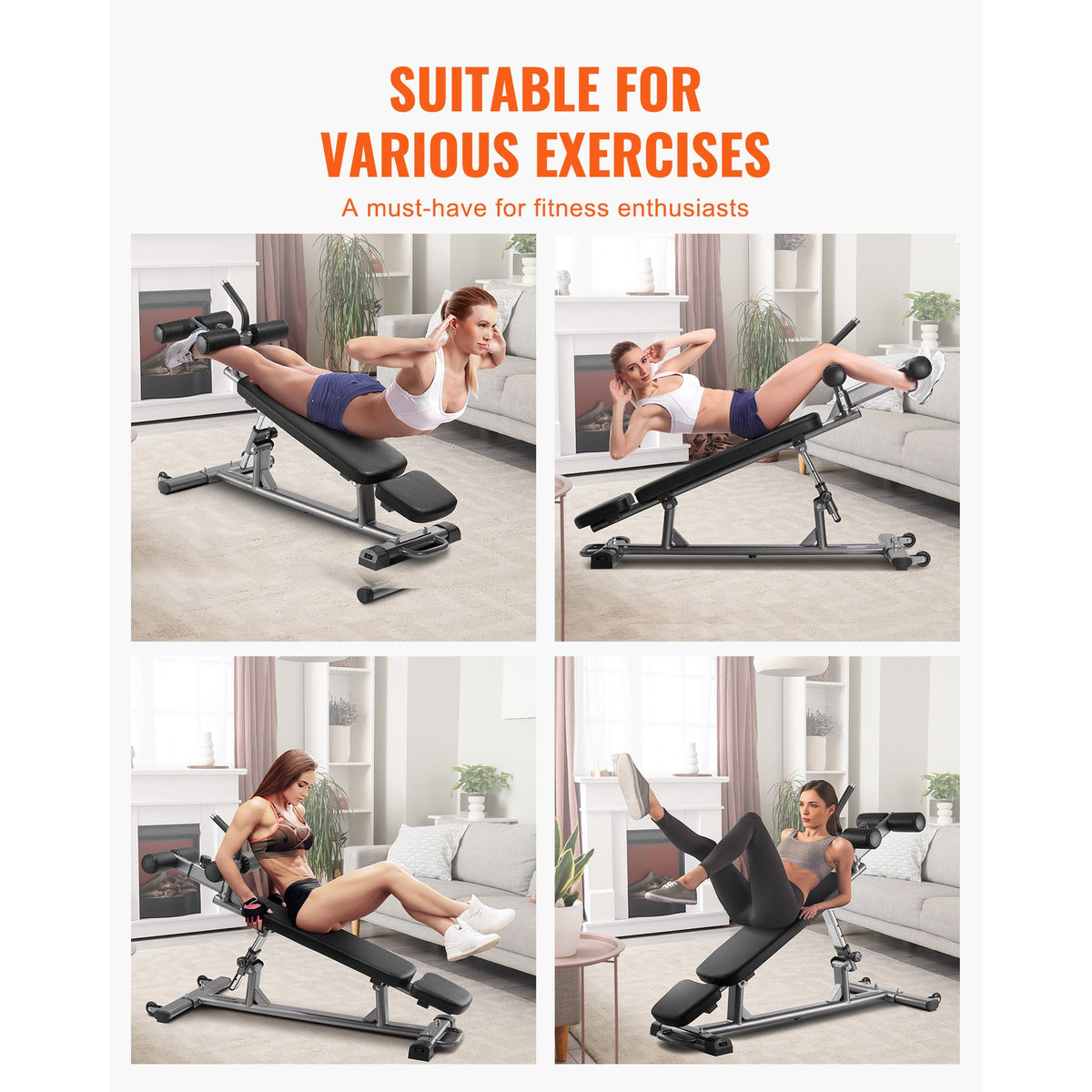 Decline Sit Up Bench 454kg Heavy Duty Ab Bench, Reverse Crunch Handle, 4 Height