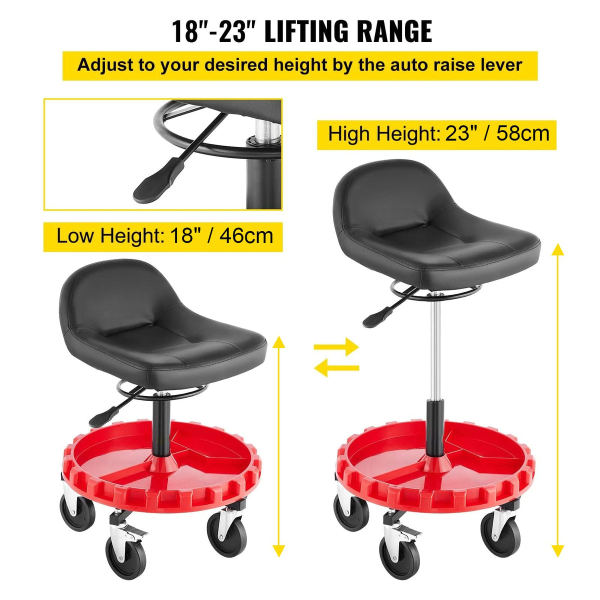 135kg Rolling Garage Stool Adjustable Height Mechanic Seat with Tool Tray