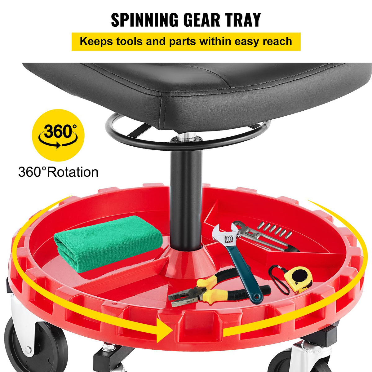 135kg Rolling Garage Stool Adjustable Height Mechanic Seat with Tool Tray