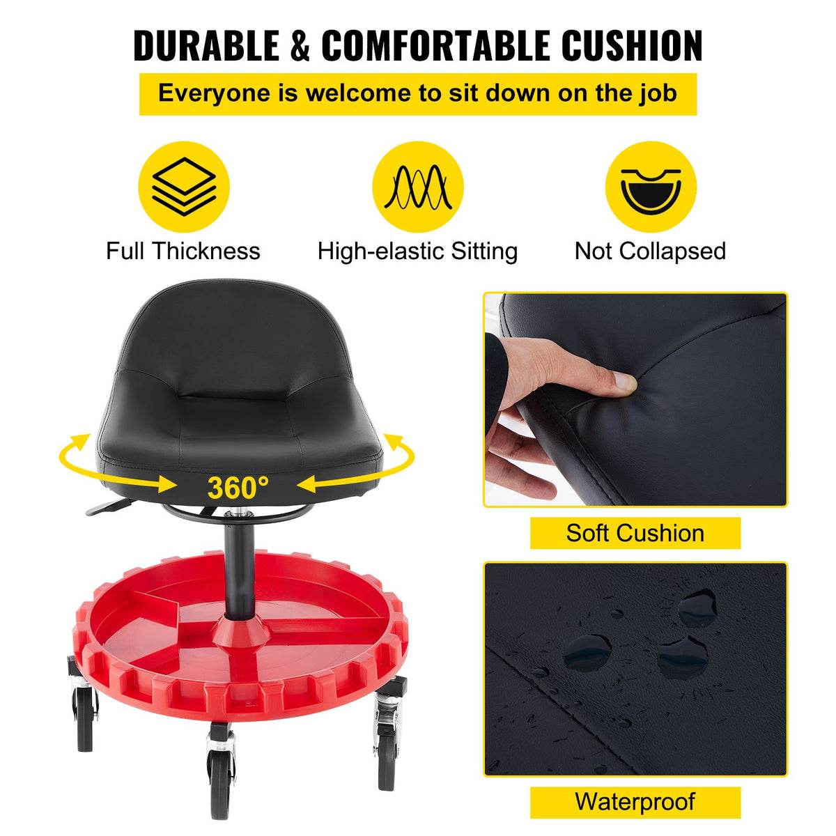 135kg Rolling Garage Stool Adjustable Height Mechanic Seat with Tool Tray