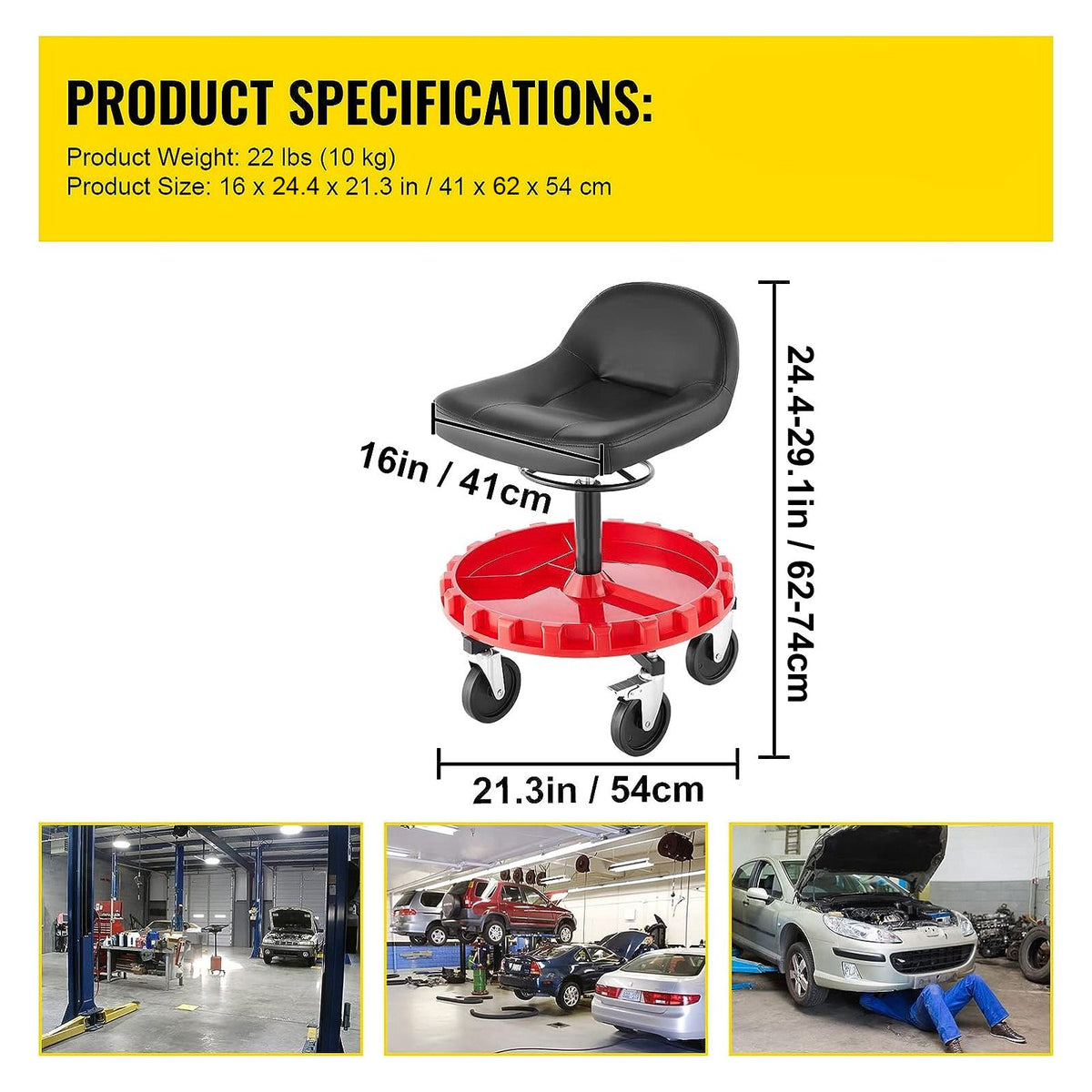135kg Rolling Garage Stool Adjustable Height Mechanic Seat with Tool Tray