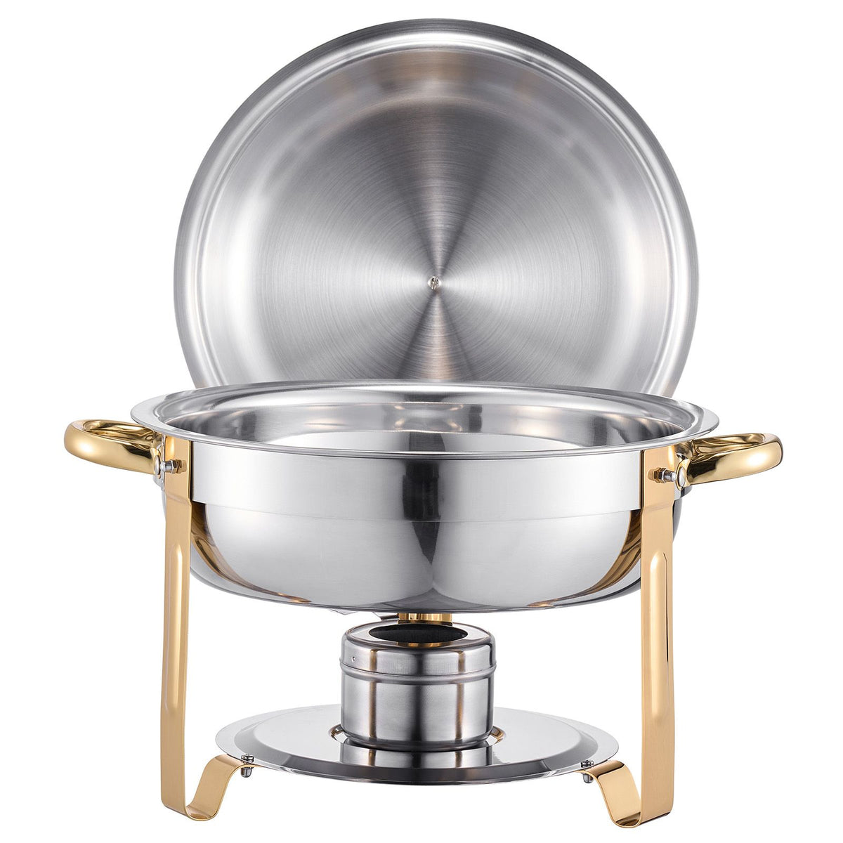 Chafing Dish Buffet Set, 5 Qt 4 Pack, Stainless Steel Chafer with 4 Full Size Pans, Round Catering Warmer Server with Lid Water Pan Folding Stand Clip, for Weddings Parties Banquets, Gold
