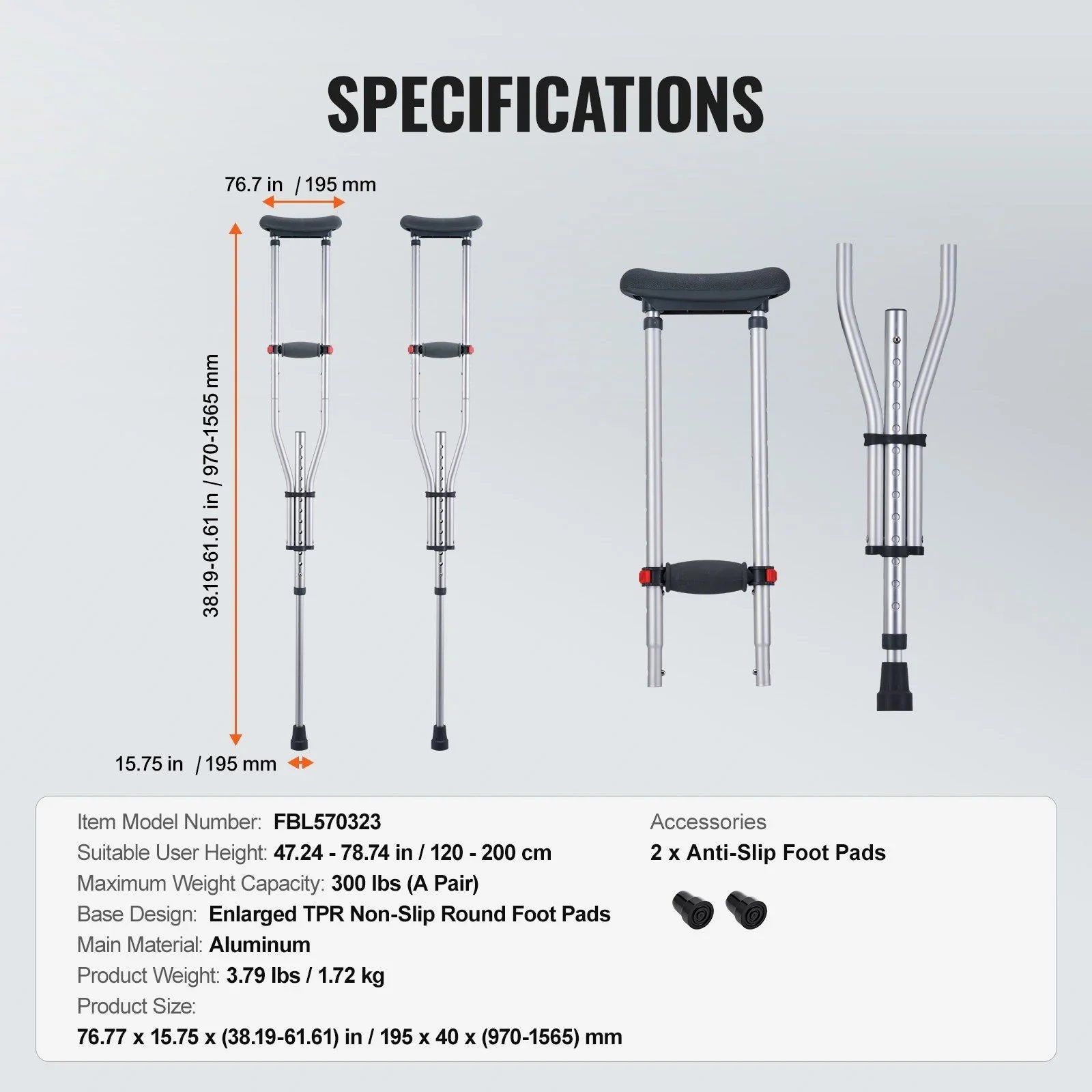 Underarm Crutches, 13-Level Height Adjustable Underarm Walking Crutches, Lightweight Aluminum Crutches for Adults Teenager - with Soft Underarm Pad for Leg Injury Surgery Disabled, 1 Pair 300LBS