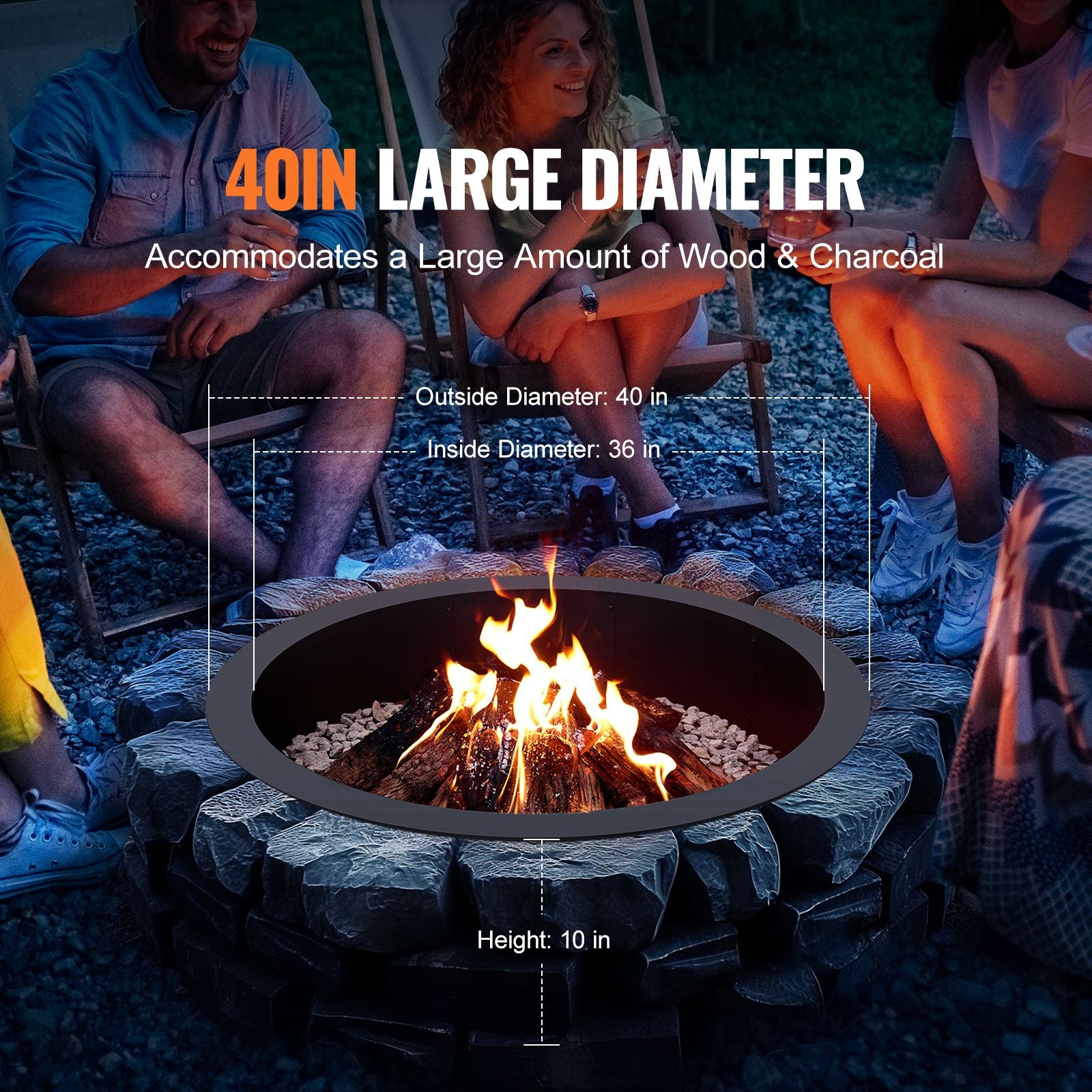 40 Inch Fire Pit Ring Insert 10" High Heavy Duty Carbon Steel Liner