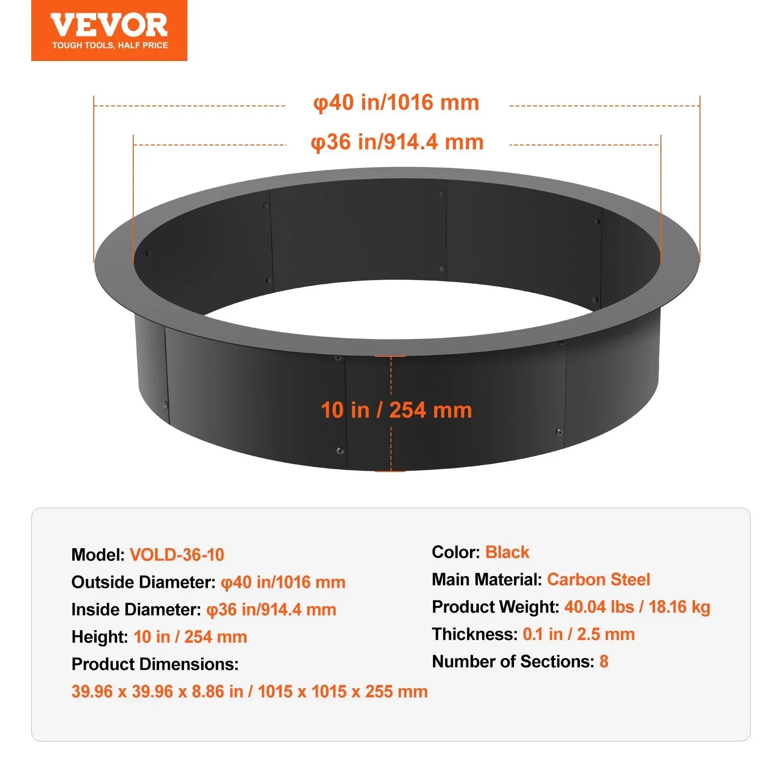 Fire Pit Ring, 40-Inch Outer/36-Inch Inner Diameter, 10inch Height 2.5mm Thick Fire Pit Insert, Heavy Duty Carbon Steel Liner DIY Campfire Ring above or In-Ground, for Outdoor Camping, Bonfires