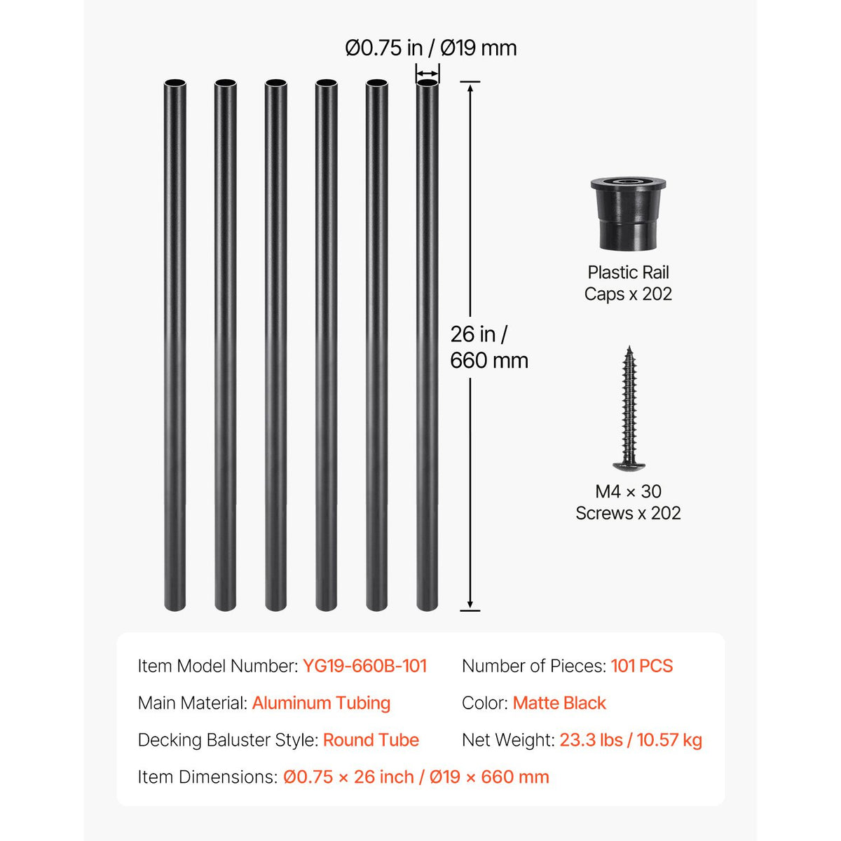 101 Pack Aluminum Stair Balusters 660mm Metal Spindles Matte Black Railing