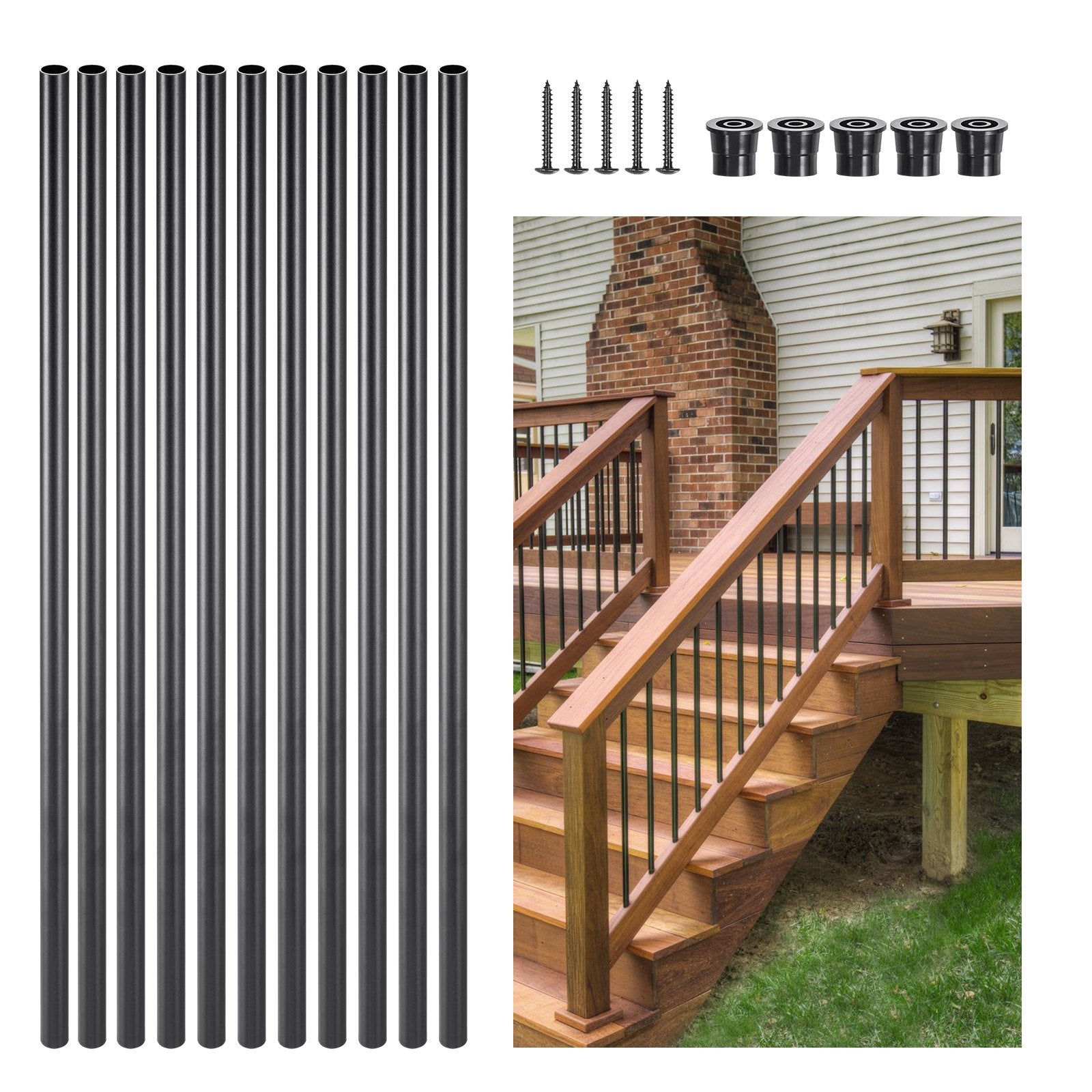 Staircase Balusters 101 Pack, 660 mm Aluminum Stair Balusters, 19 mm Water-Proof Round Metal Spindle Railing, Hollow Deck Railing with Rail Caps & Screws for Stairs, Porch, Patio, Matte Black