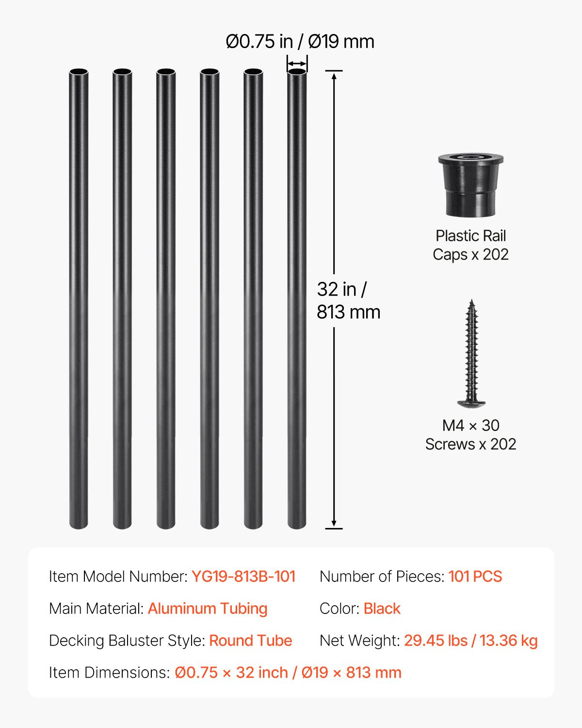 Staircase Balusters 101 Pack, 32 In Aluminum Stair Balusters, 3/4 In Water-Proof Round Metal Spindle Railing, Hollow Deck Railing with Rail Caps & Screws for Stairs, Porch, Patio, Fence, Black