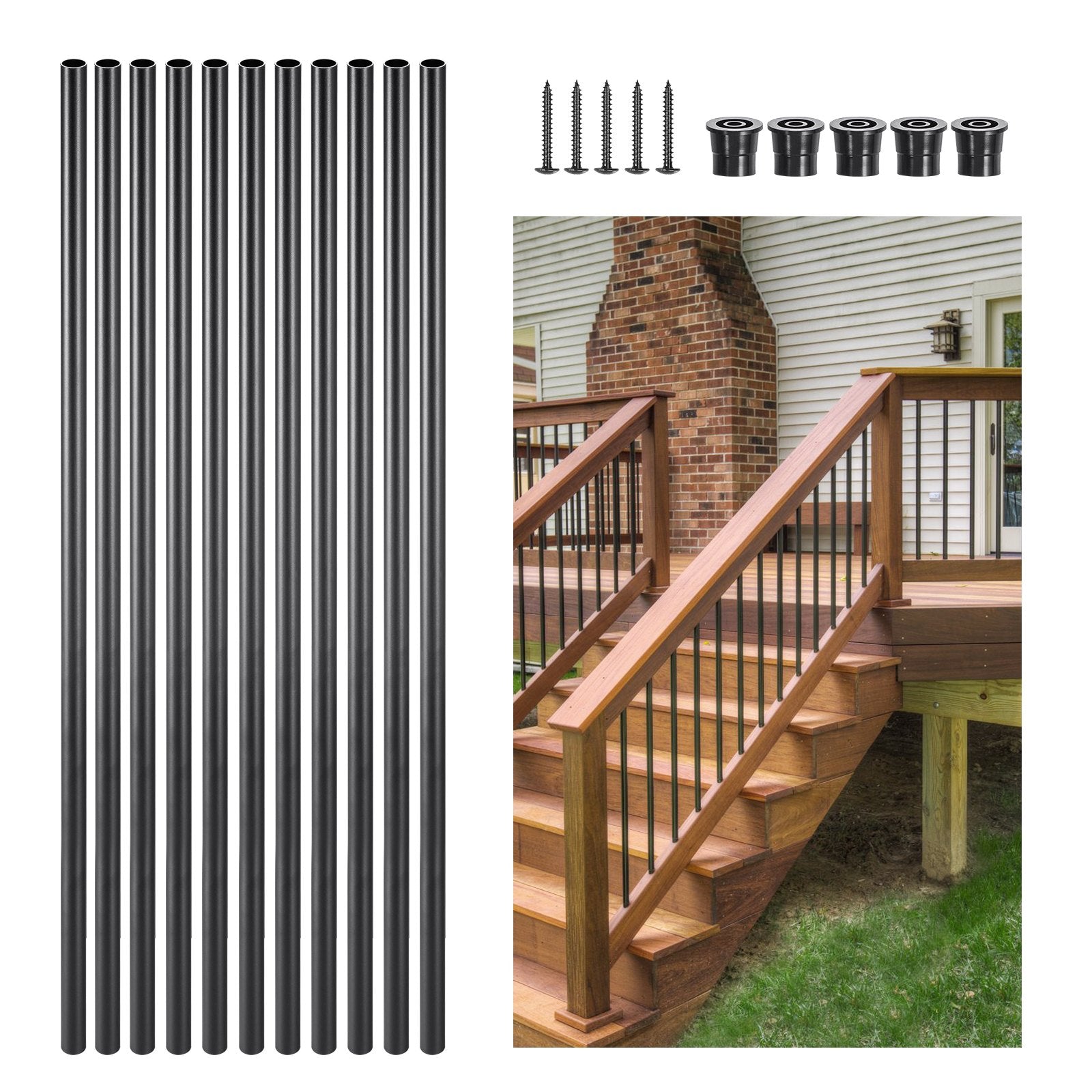 Staircase Balusters 101 Pack, 32 In Aluminum Stair Balusters, 3/4 In Water-Proof Round Metal Spindle Railing, Hollow Deck Railing with Rail Caps & Screws for Stairs, Porch, Patio, Fence, Black