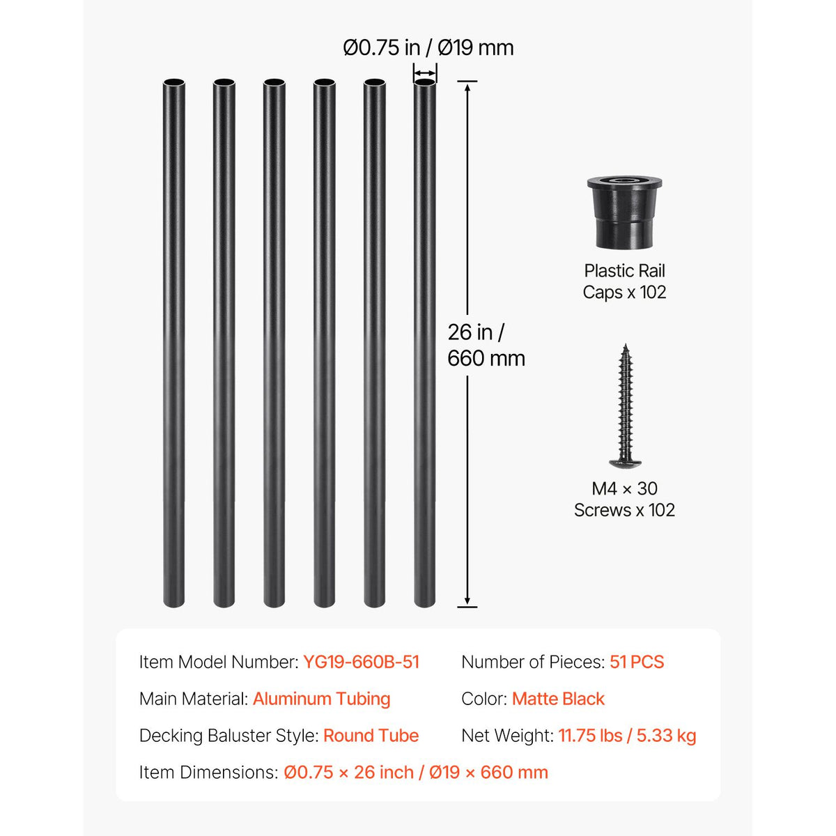 51PCS 660mm Aluminum Stair Balusters Black Metal Spindles Railing Set