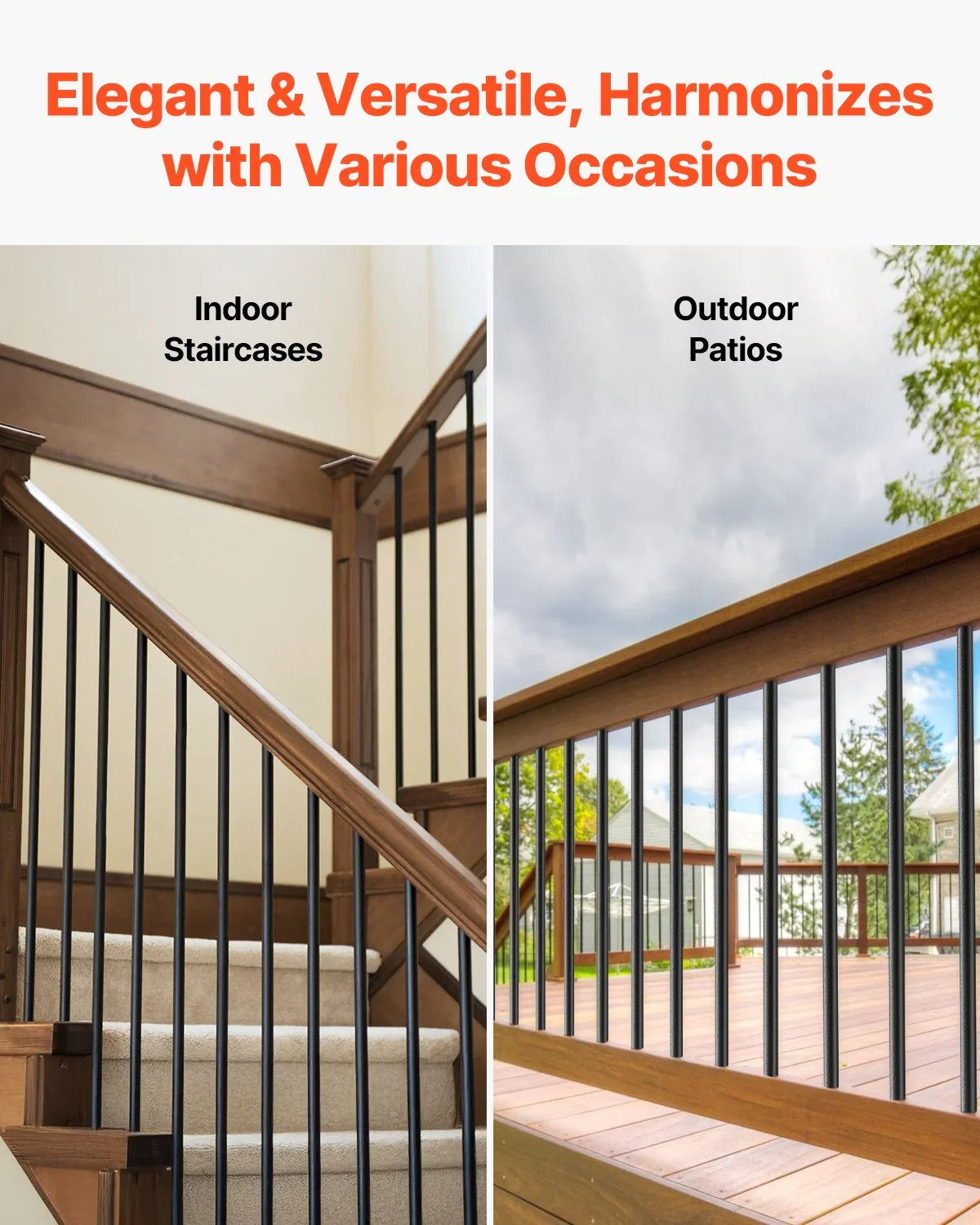 Staircase Balusters 51 Pack, 660 mm Aluminum Stair Balusters, 19 mm Water-Proof Round Metal Spindle Railing, Hollow Deck Railing with Rail Caps & Screws for Stairs, Porch, Patio, Fence, Black