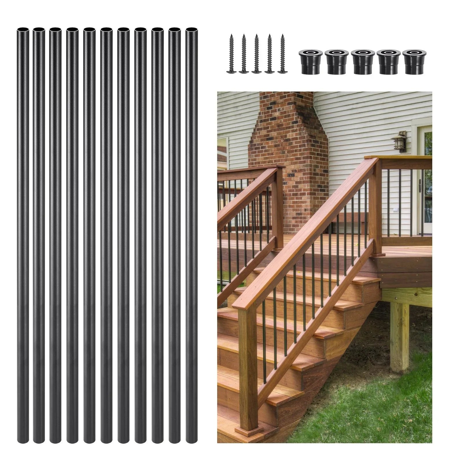 Staircase Balusters 51 Pack, 660 mm Aluminum Stair Balusters, 19 mm Water-Proof Round Metal Spindle Railing, Hollow Deck Railing with Rail Caps & Screws for Stairs, Porch, Patio, Fence, Black