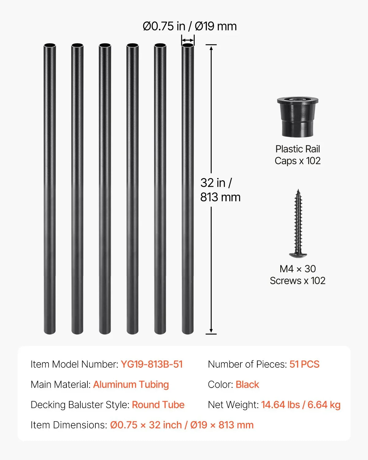 Staircase Balusters 51 Pack, 813 mm Aluminum Stair Balusters, 19 mm Water-Proof Round Metal Spindle Railing, Hollow Deck Railing with Rail Caps & Screws for Stairs, Porch, Patio, Matte Black