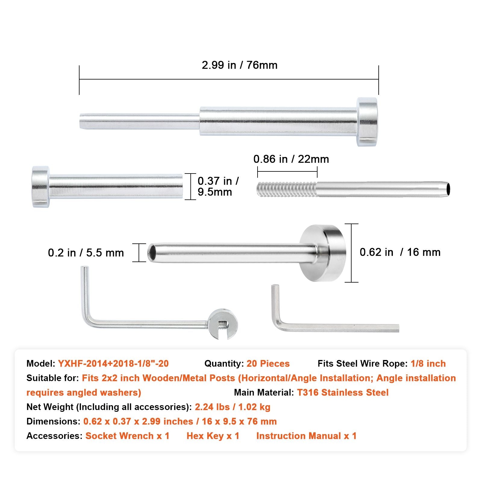 20pcs T316 Stainless Steel Cable Railing Kit 1/8
