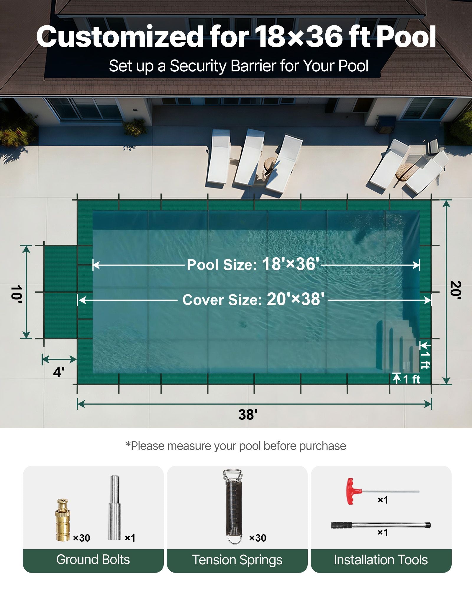 Pool Safety Cover Fits18x36ft Inground Safety Pool Cover Green Mesh with 4x8ft Center End Steps Solid Pool Safety Cover for Swimming Pool Winter