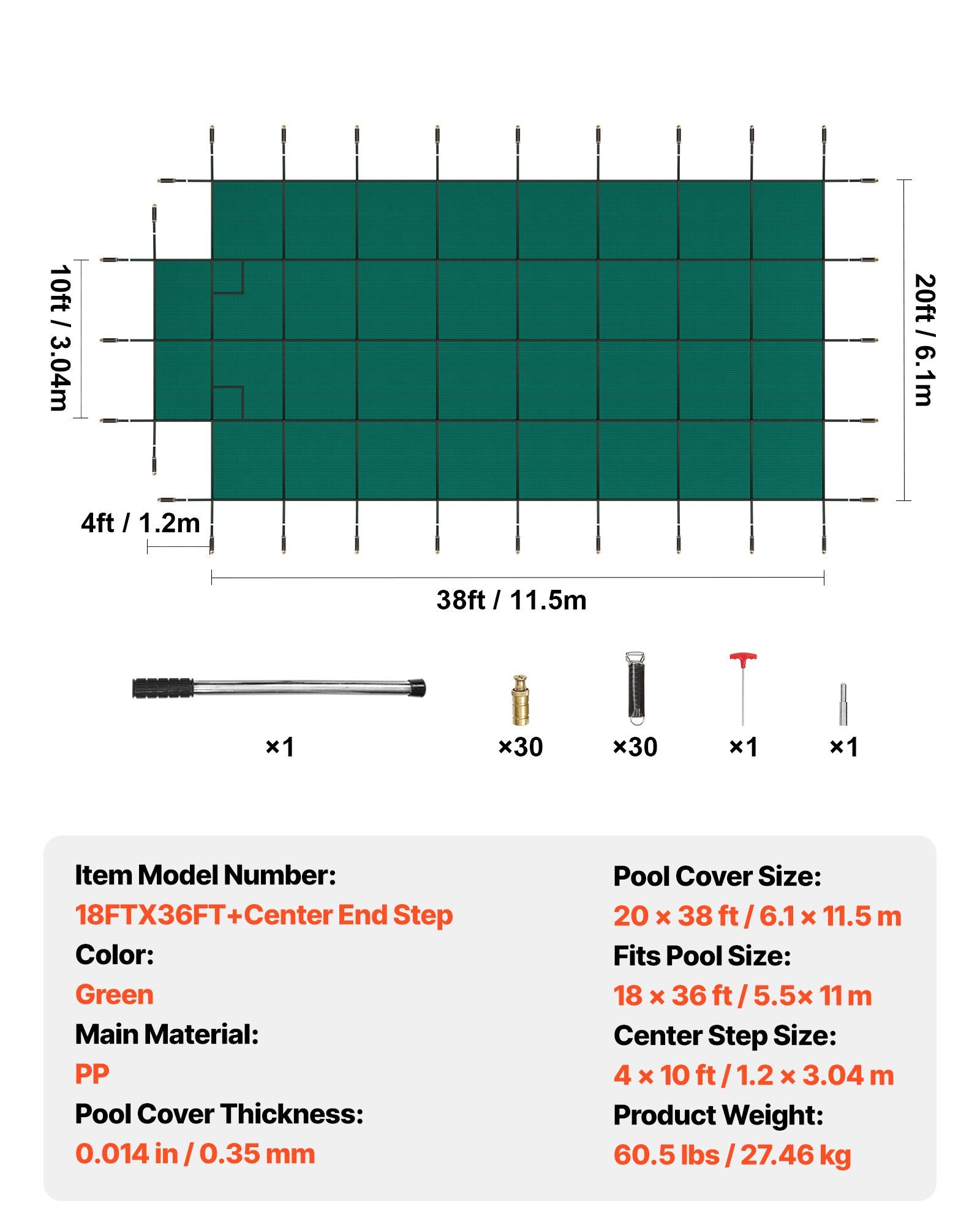 Pool Safety Cover Fits18x36ft Inground Safety Pool Cover Green Mesh with 4x8ft Center End Steps Solid Pool Safety Cover for Swimming Pool Winter