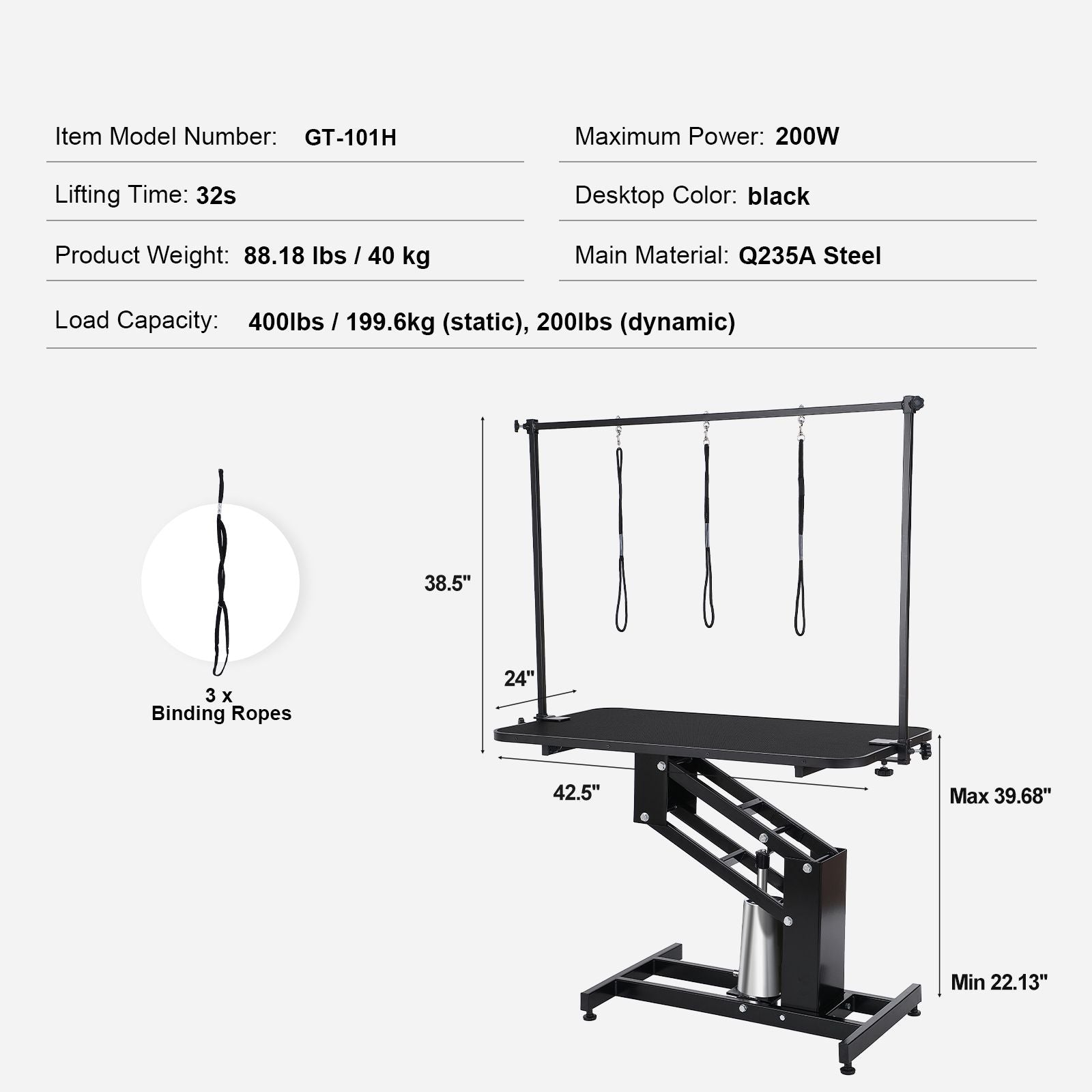 109cm Hydraulic Pet Grooming Table, Heavy Duty Dog Grooming Arm for Medium/ Small Dogs, Height Adjustable Dog Grooming Station, Anti Slip Tabletop /Dog Grooming Station, Max Bearing 182kg