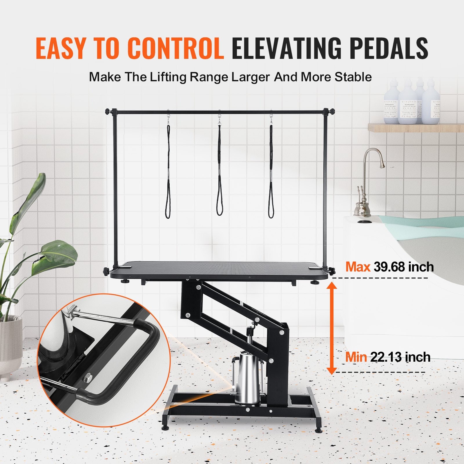 109cm Hydraulic Pet Grooming Table, Heavy Duty Dog Grooming Arm for Medium/ Small Dogs, Height Adjustable Dog Grooming Station, Anti Slip Tabletop /Dog Grooming Station, Max Bearing 182kg