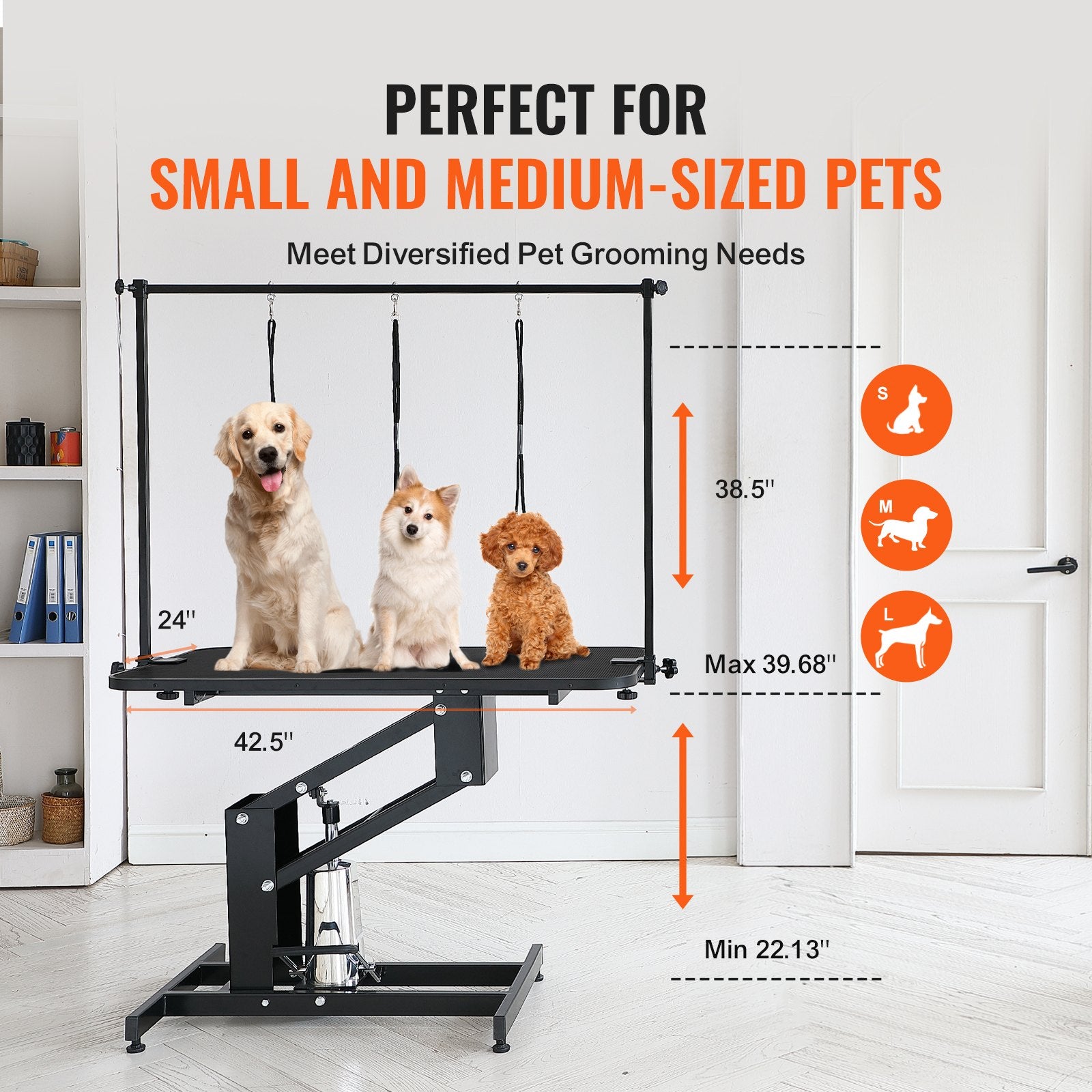 109cm Hydraulic Pet Grooming Table, Heavy Duty Dog Grooming Arm for Medium/ Small Dogs, Height Adjustable Dog Grooming Station, Anti Slip Tabletop /Dog Grooming Station, Max Bearing 182kg