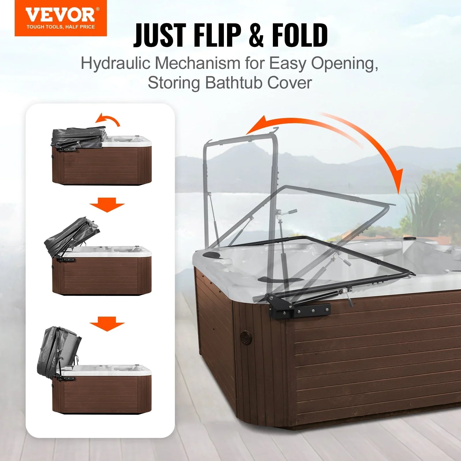 Hot Tub Cover Lift, Spa Cover Lift, Hydraulic, Width 175.26cm - 254.11cm Adjustable, Installed on Both Sides at the Top, Suitable for Various Sizes of Rectangular Bathtubs, Hot Tubs, Spa