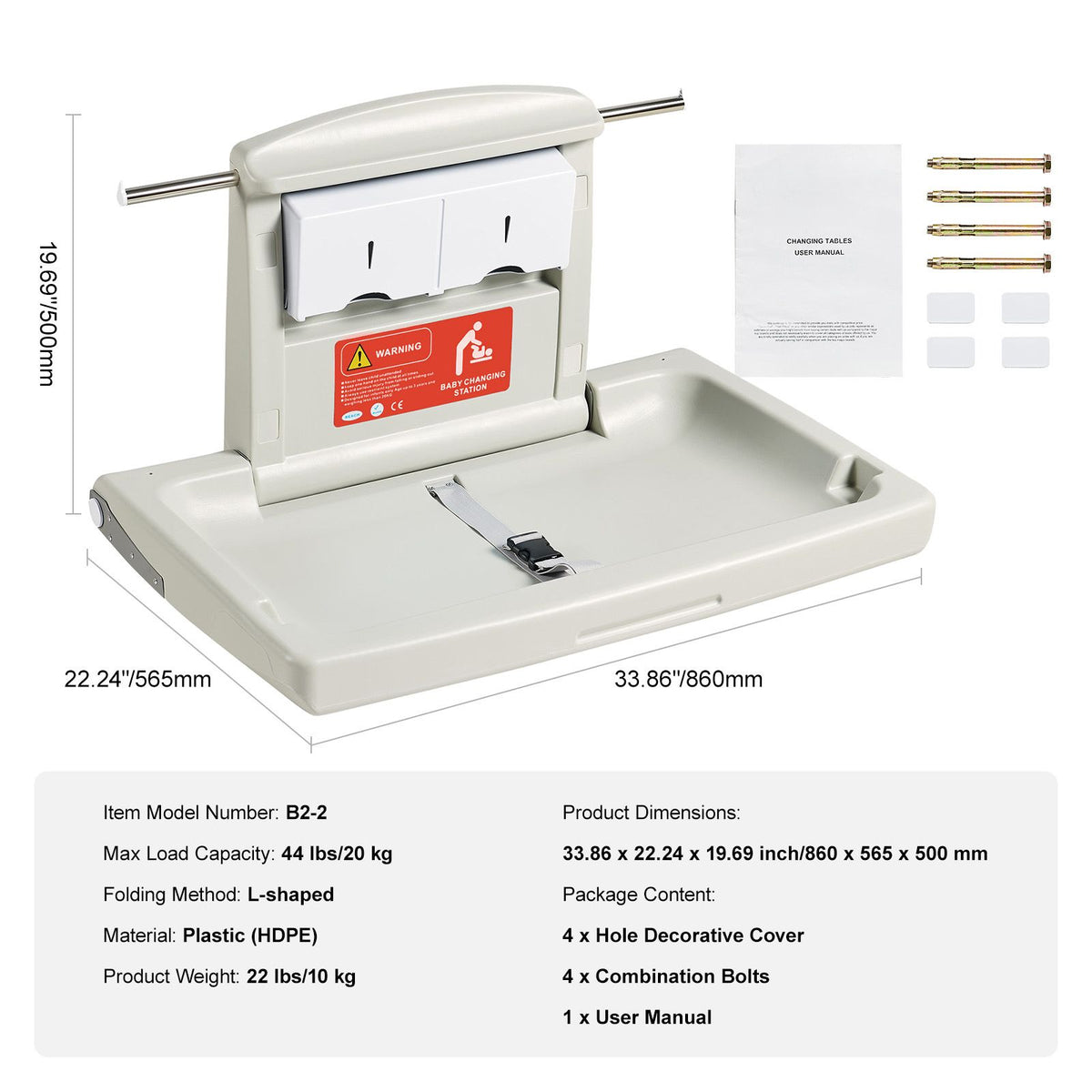 Wall Mounted Baby Changing Station Foldable Diaper Table Safety Strap HDPE