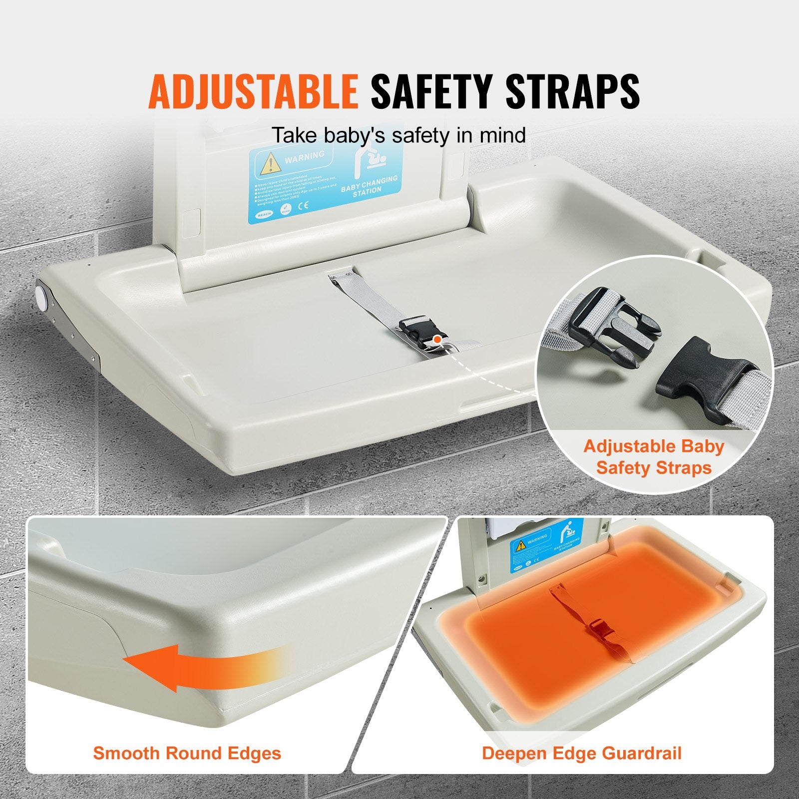 Wall-Mounted Ba Changing Station, Horizontal Foldable Diaper Change Table with Safety Straps and Hanging Rods, Use in Commercial Bathrooms,  Daycare Centers for Newborns & Infant