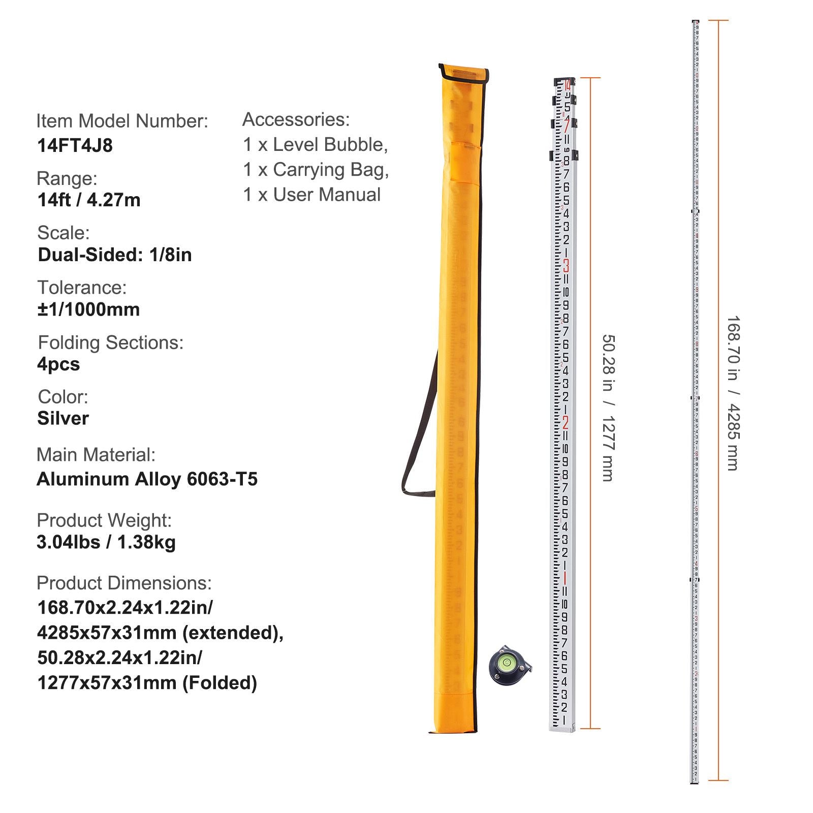 14ft Aluminum Grade Rod Telescopic Leveling Rod with Bubble Level Bag