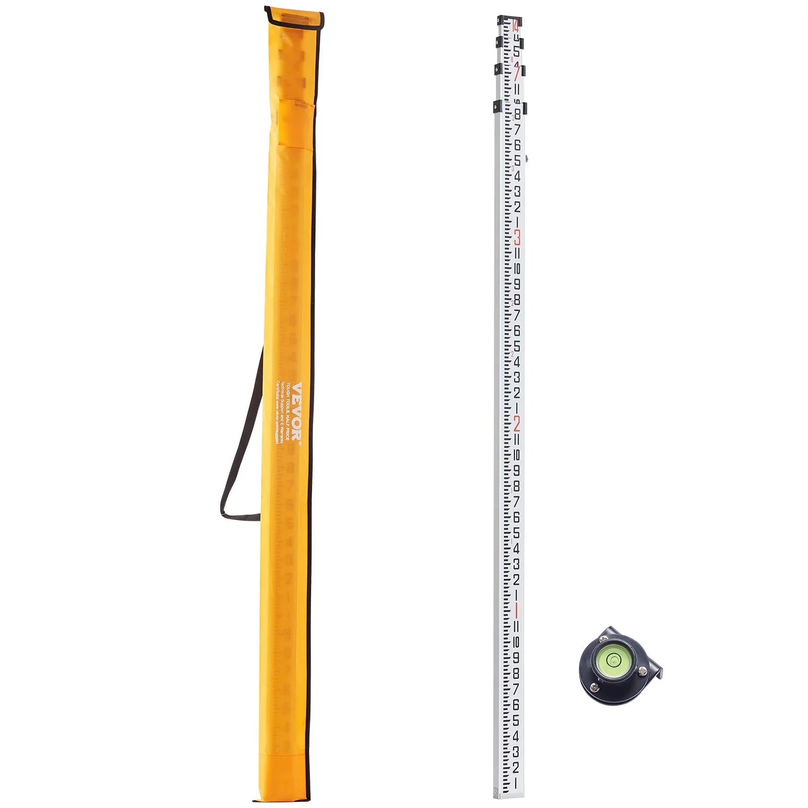 Aluminum Grade Rod, 14-Feet/8ths 4 Sections Telescopic Measuring Rod, Double-Sided Scale 1/8in Leveling Rod Stick, Aluminum Alloy Survey Rod w/ Bubble Level &Carrying Bag for Houses,Walls,Floors