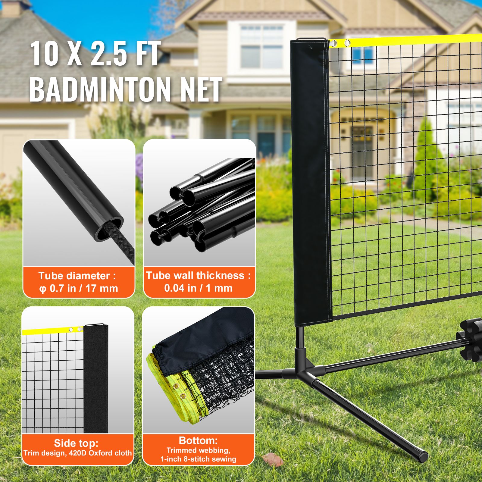 Badminton Net, Height Adjustable Volleyball Net, 10ft Wide Foldable Pickleball Net, Portable Easy Setup Tennis Net Set with Poles, Stand and Carry Bag, for Kids Backyard Game Indoor Outdoor Use