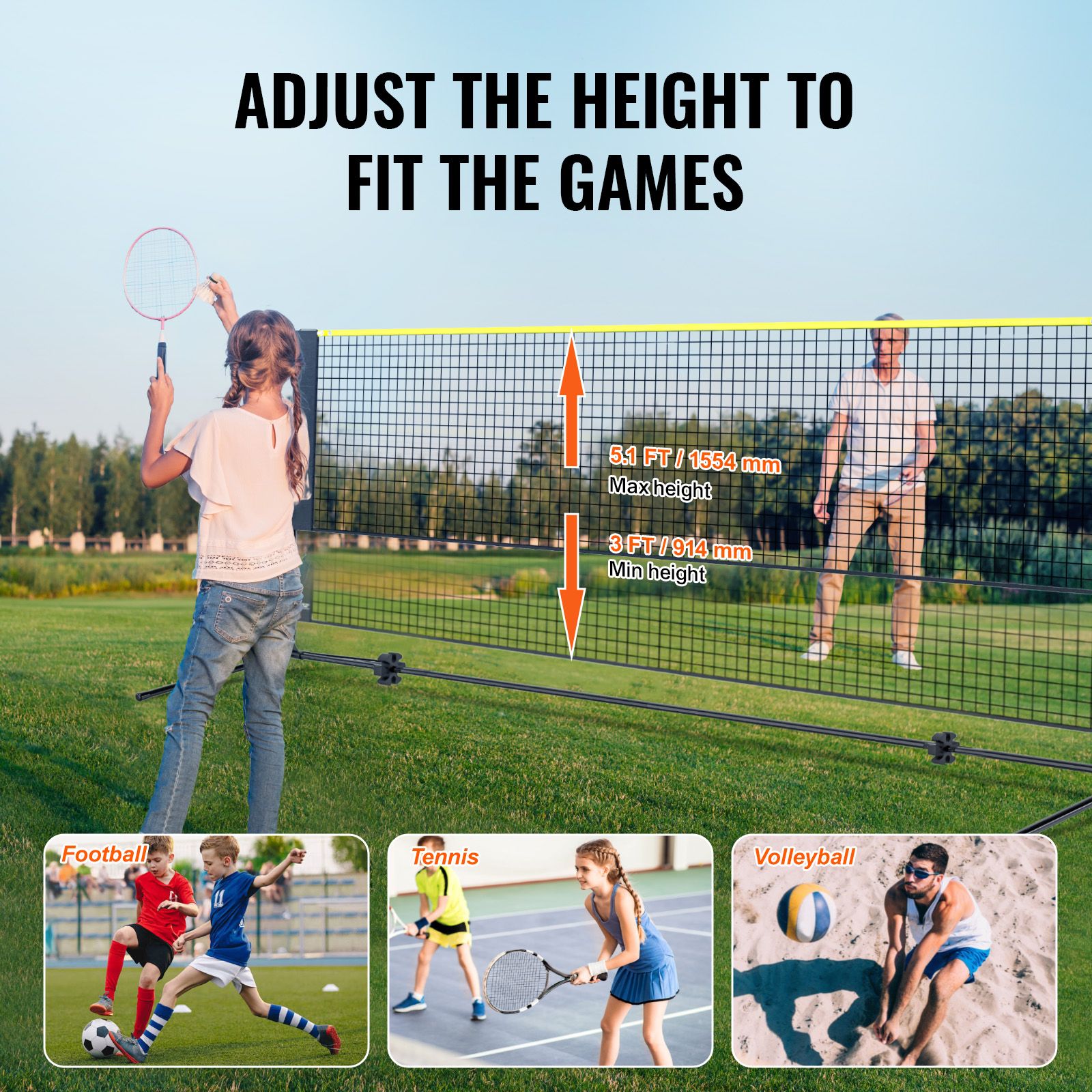 Badminton Net, Height Adjustable Volleyball Net, 10ft Wide Foldable Pickleball Net, Portable Easy Setup Tennis Net Set with Poles, Stand and Carry Bag, for Kids Backyard Game Indoor Outdoor Use