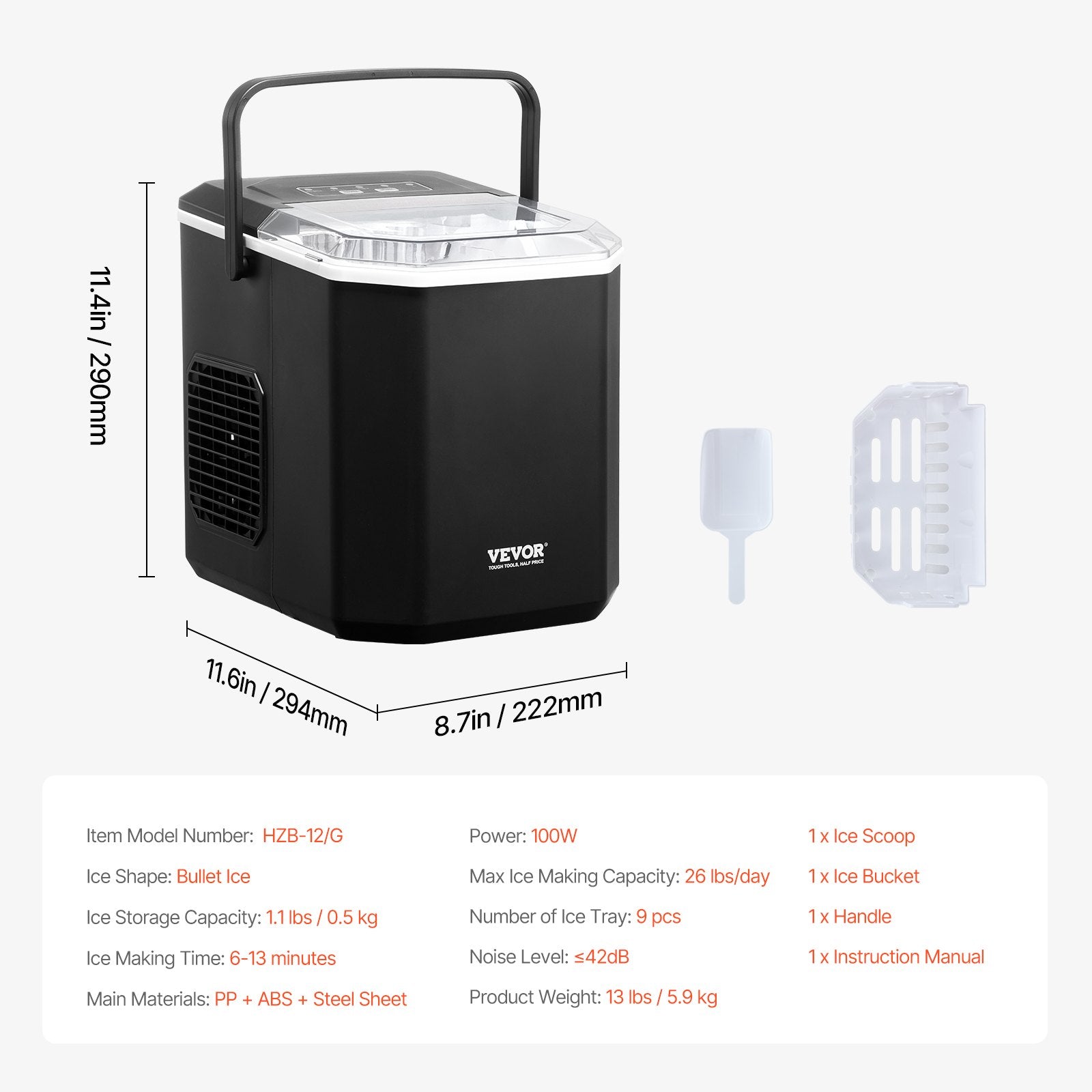 Portable Countertop Ice Maker 26Lbs/24H Self-Cleaning with Scoop Basket