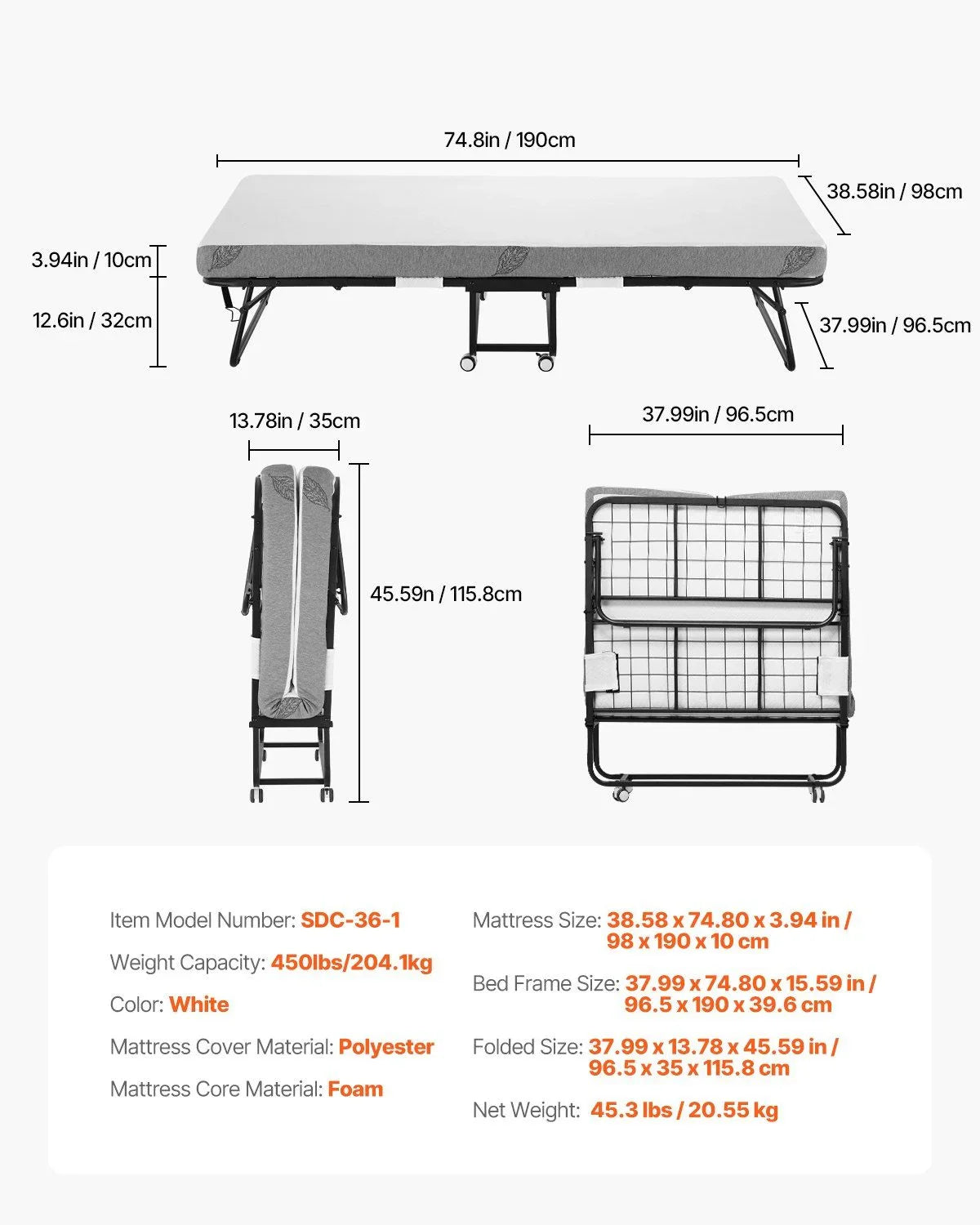 Rollaway Bed, 96.5 cm x 190 cm Folding Bed with 10 cm Mattress, Twin Size Foldable Bed with Sturdy Metal Frame & Memory Foam Mattress, Portable Roll Away Bed with Mattress, for Adults, Guest
